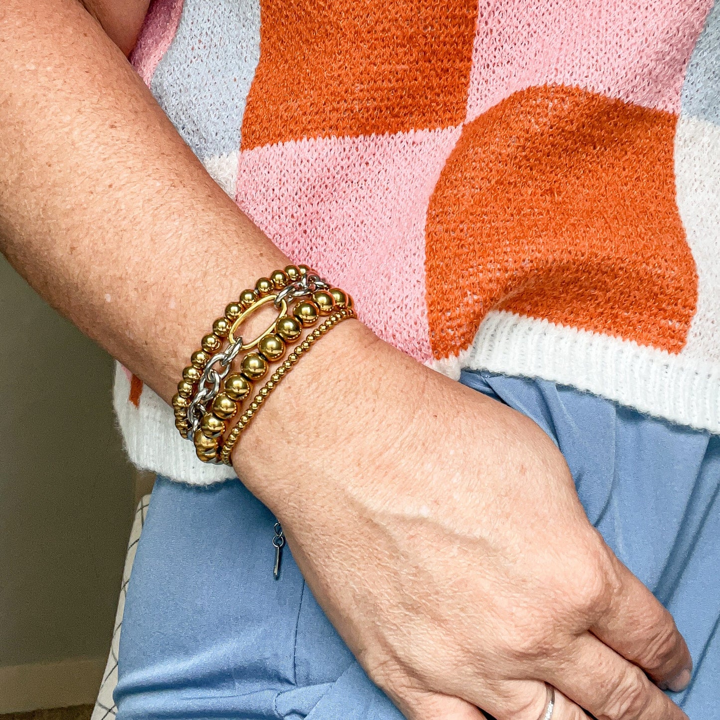 FIONA GRACE Bracelets 18k Gold Beaded Mixed Metal Bracelet Stack