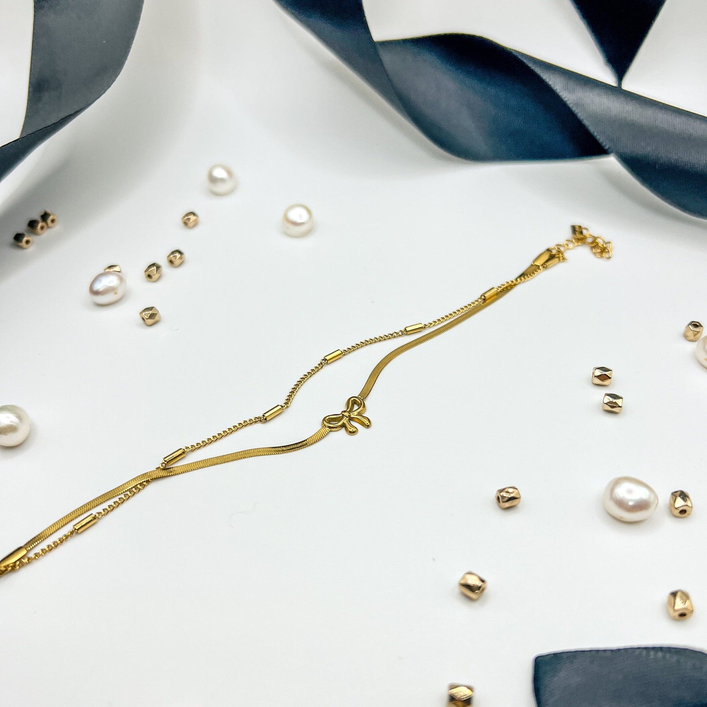 FIONA GRACE Bracelets Dainty Bow & Box Chain Bracelet – 18K Gold Plated, Water-Safe