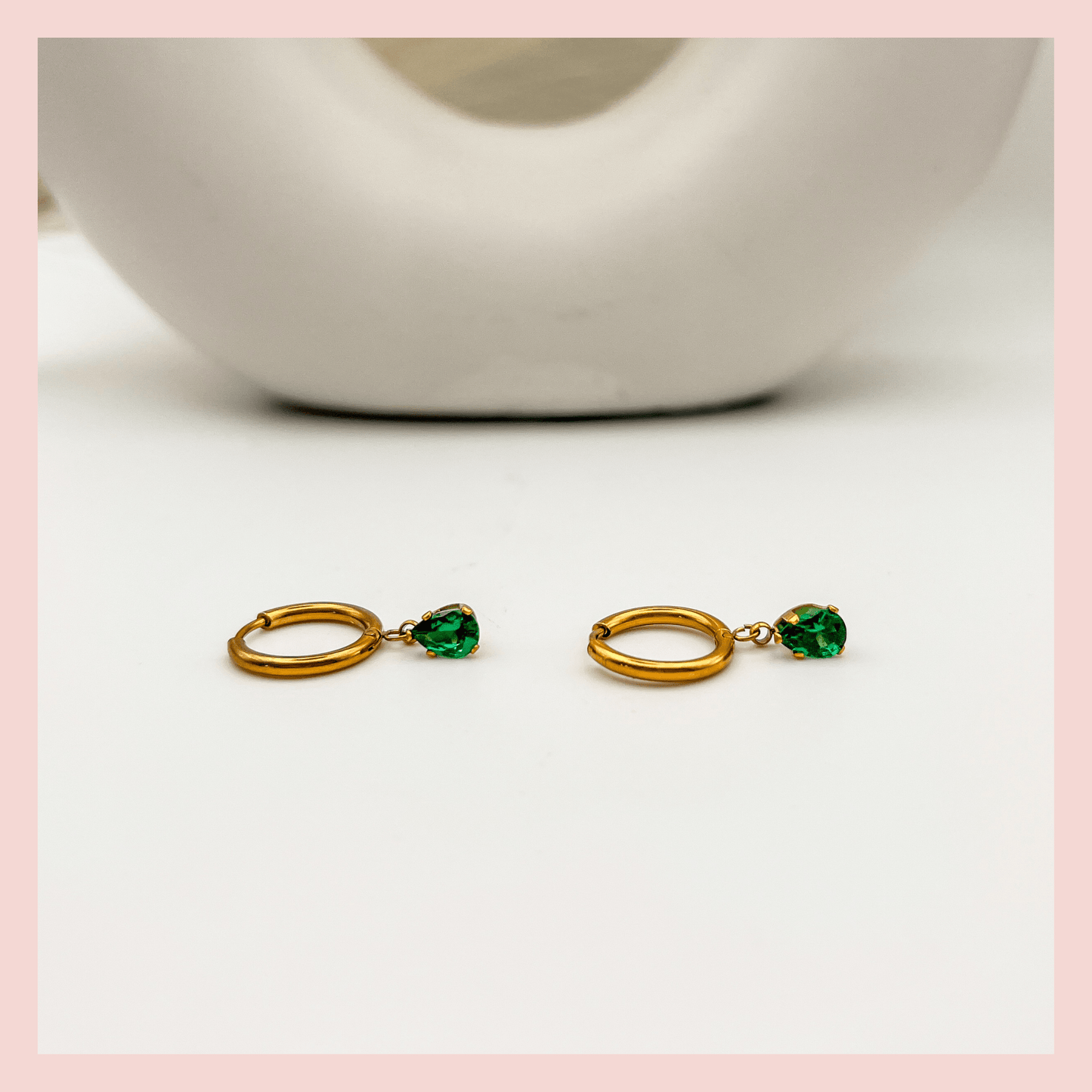 FIONA GRACE Earrings Emerald Green CZ Drop 18k Gold Huggies