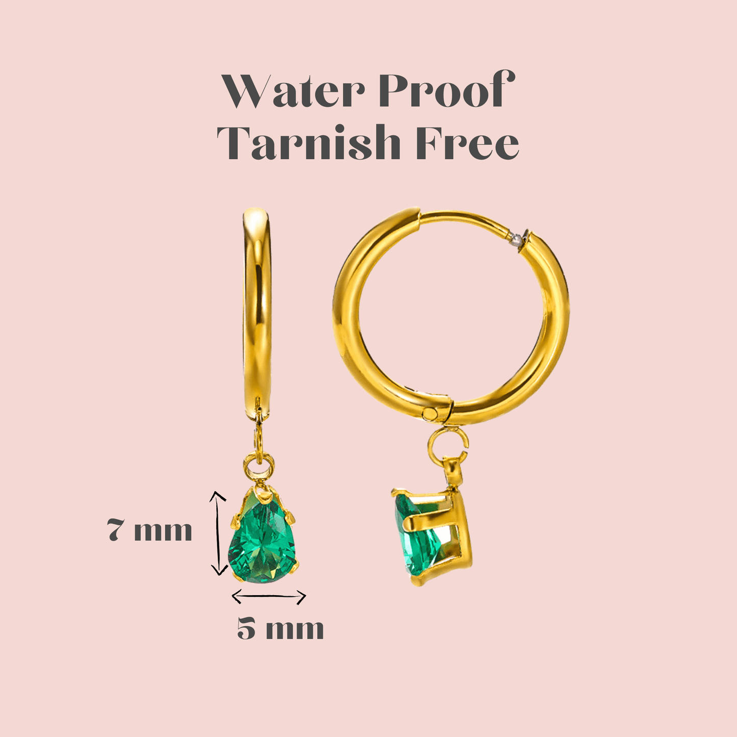 FIONA GRACE Earrings Emerald Green CZ Drop 18k Gold Huggies