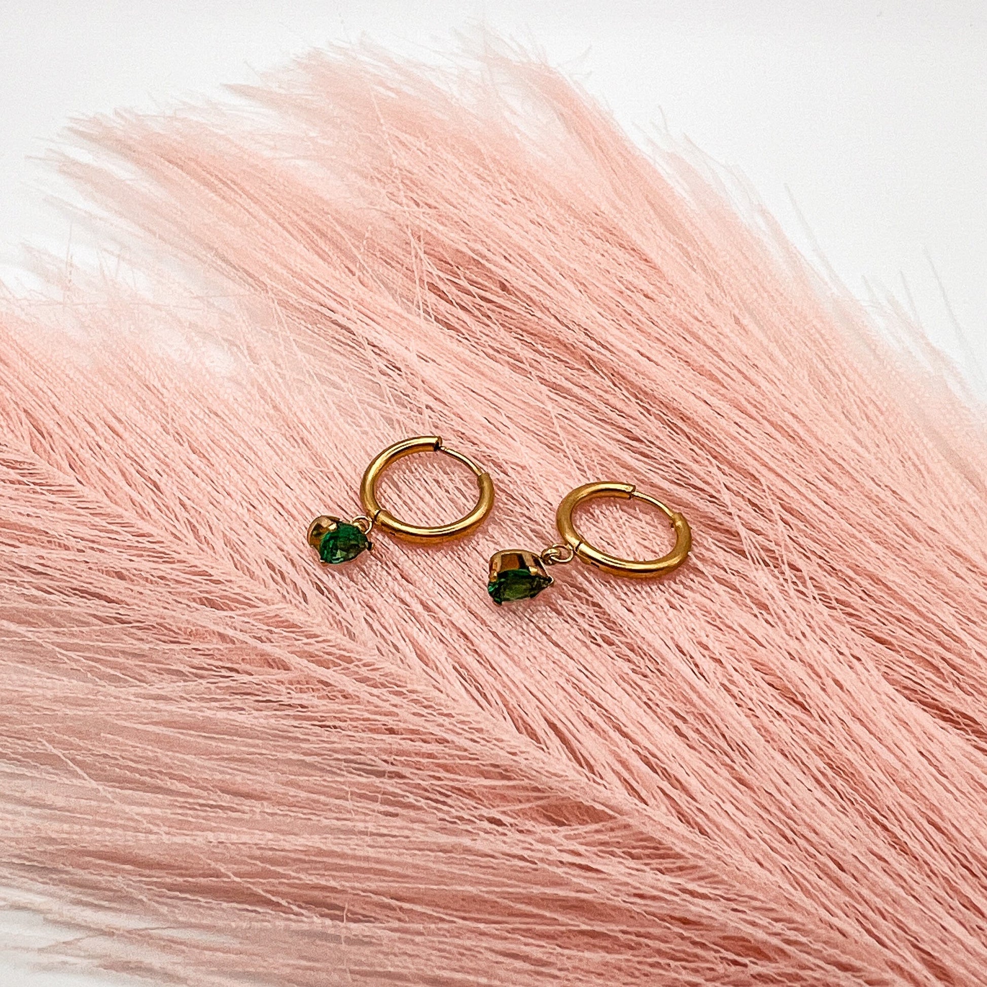 FIONA GRACE Earrings Emerald Green CZ Drop 18k Gold Huggies