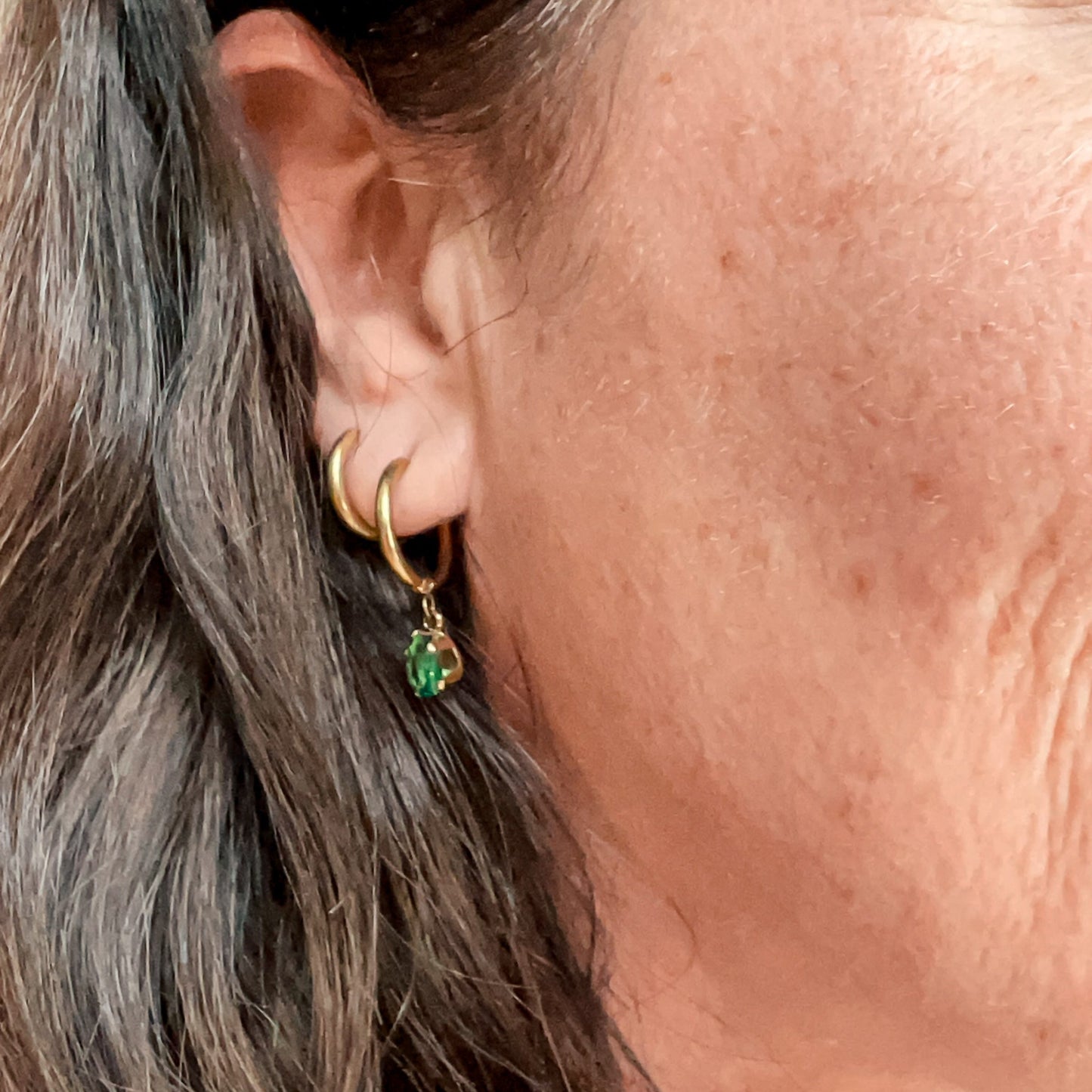 FIONA GRACE Earrings Emerald Green CZ Drop 18k Gold Huggies