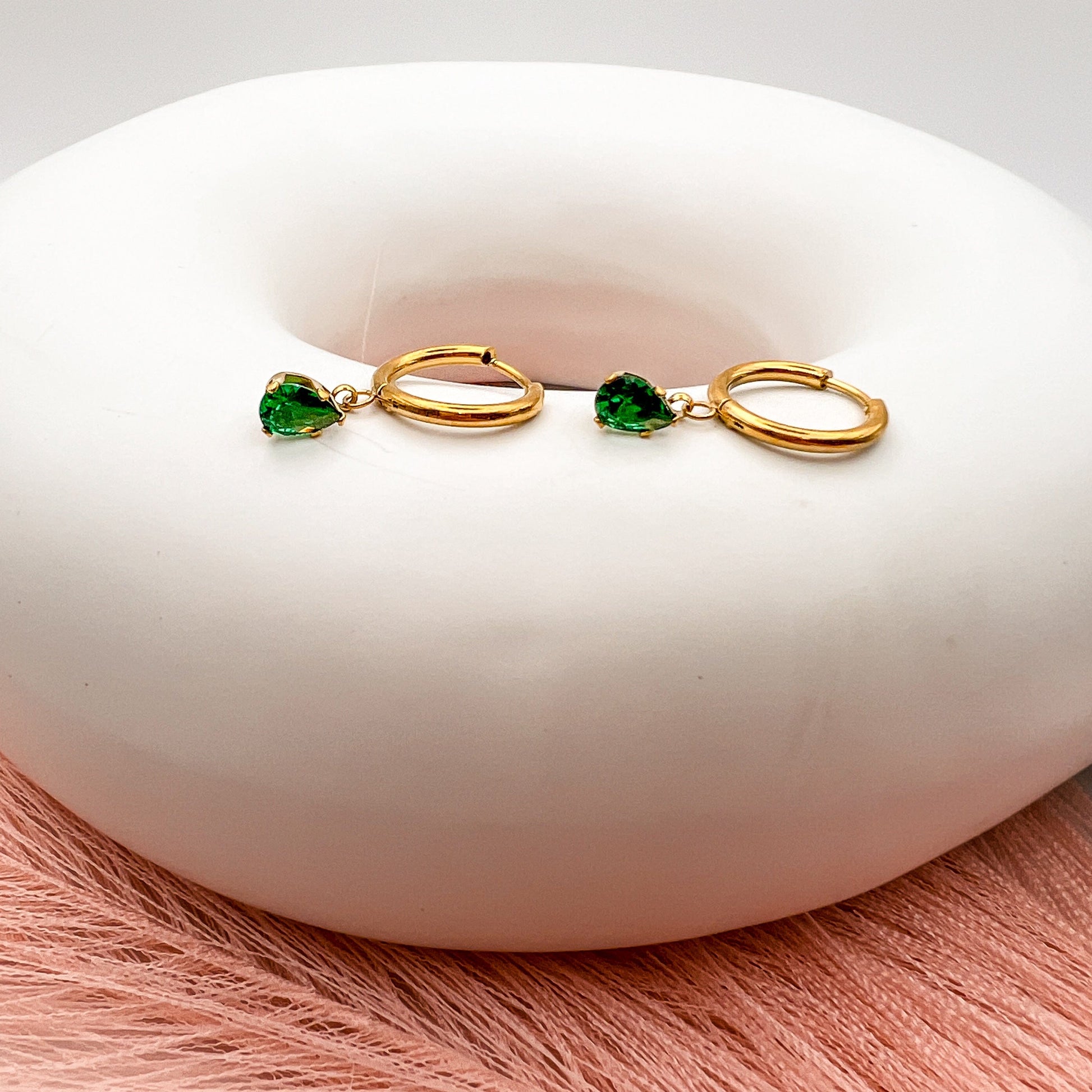 FIONA GRACE Earrings Emerald Green CZ Drop 18k Gold Huggies