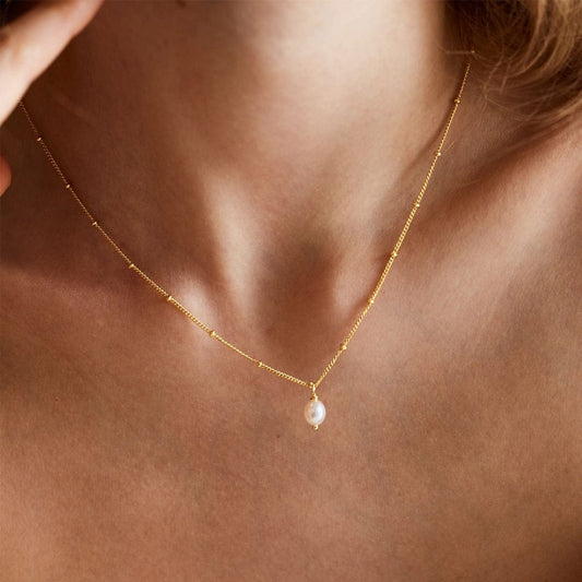 FIONA GRACE Necklaces Pearl Drop Pendant Necklace On Dainty Ball Chain, 18k Gold, Tarnish Free
