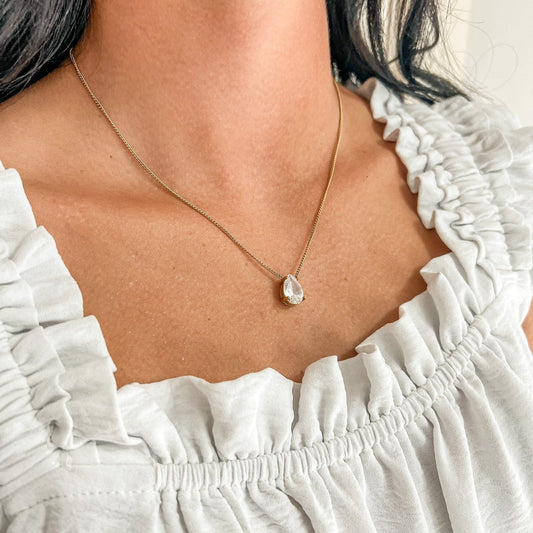 FIONA GRACE Necklaces Teardrop CZ Necklace – Gold Waterproof Solitaire Pendant Necklace