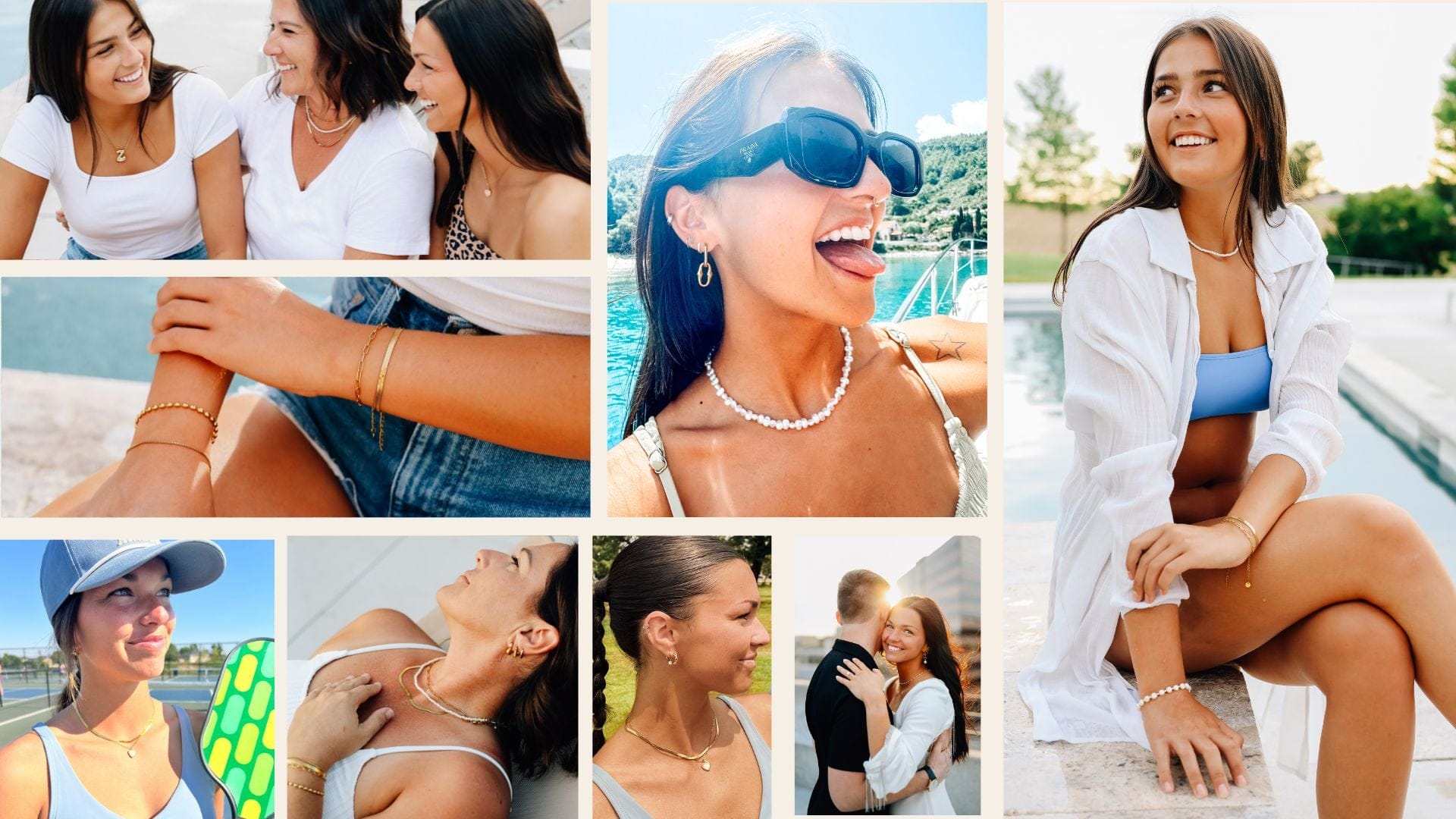 Collage of women in various settings, including a poolside and outdoors.
