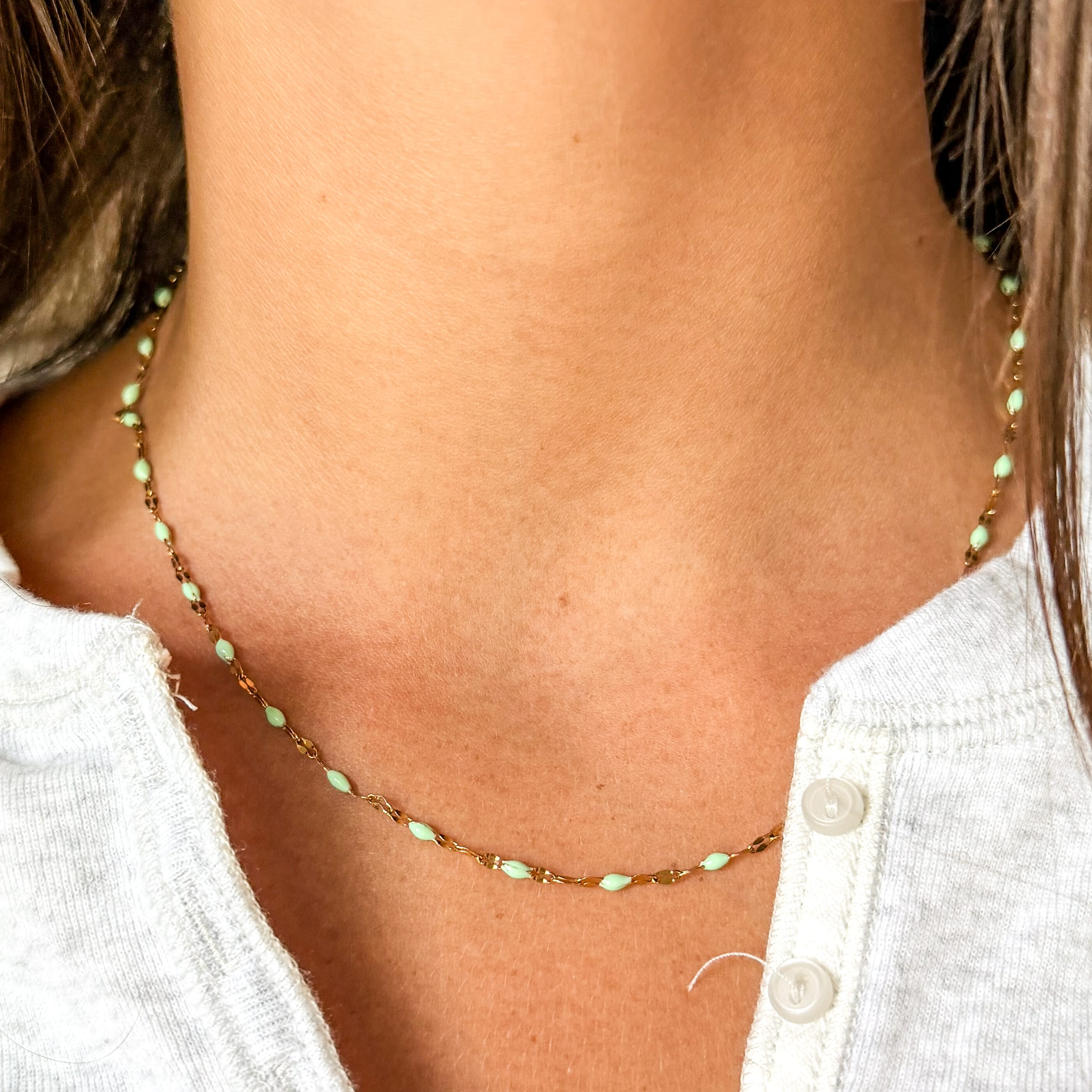 Mint Green Enamel Bead Necklace • Tarnish Free Water Safe Seafoam Beaded Chain Necklace