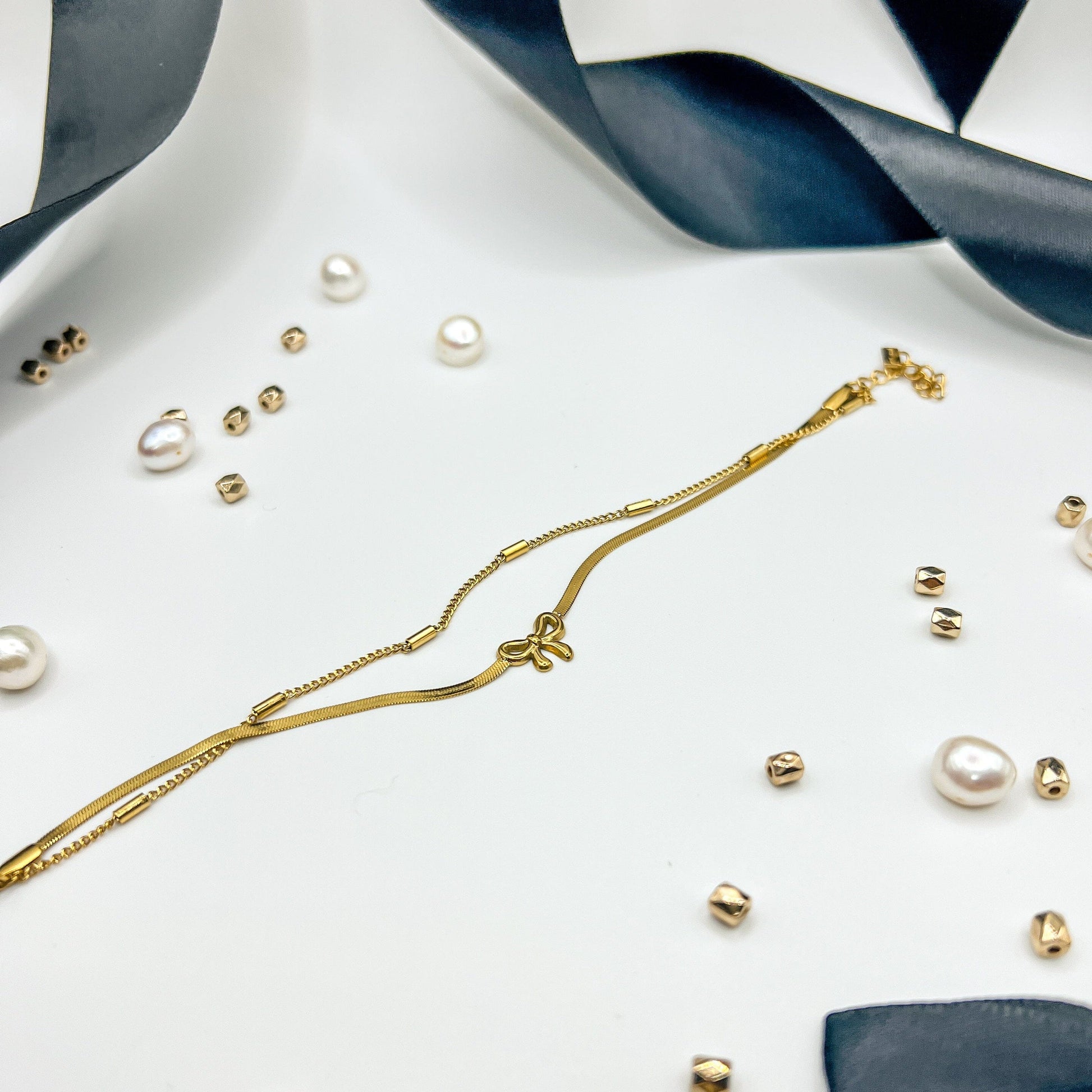 FIONA GRACE Bracelets Dainty Bow & Box Chain Bracelet – 18K Gold Plated, Water-Safe