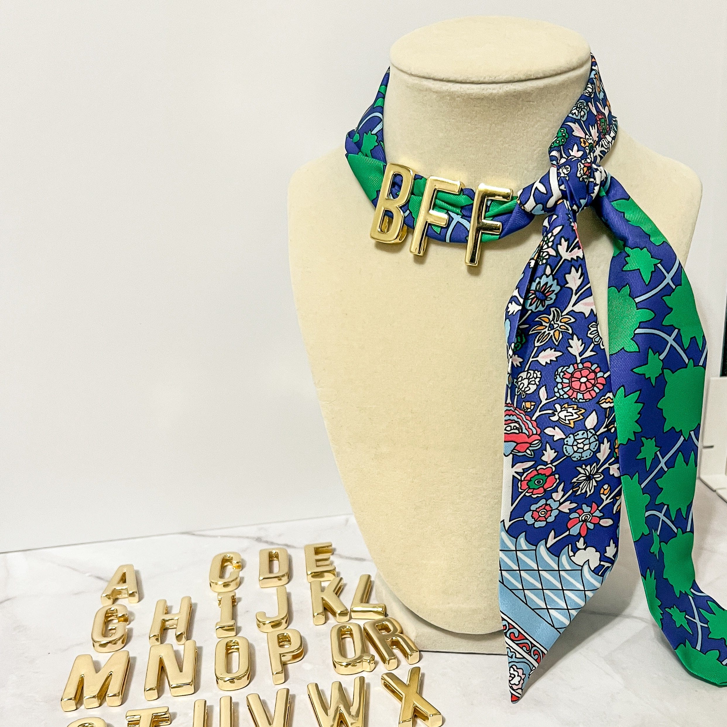 FIONA GRACE Bracelets Personalized Initial Scarf Choose Your Print + Gold Letter Charms (2 Widths Available)