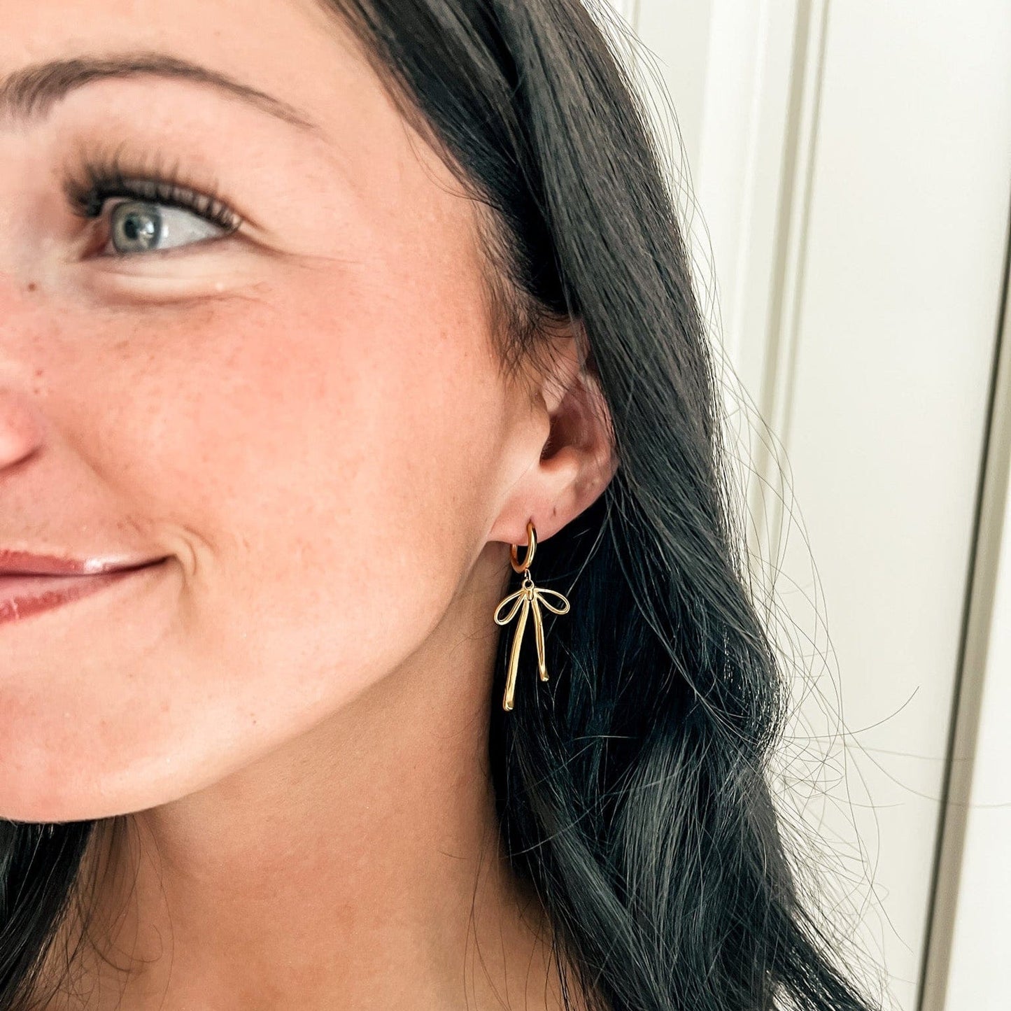 FIONA GRACE Earrings Bow Dangle 18k Gold Huggies Lightweight & Flirty