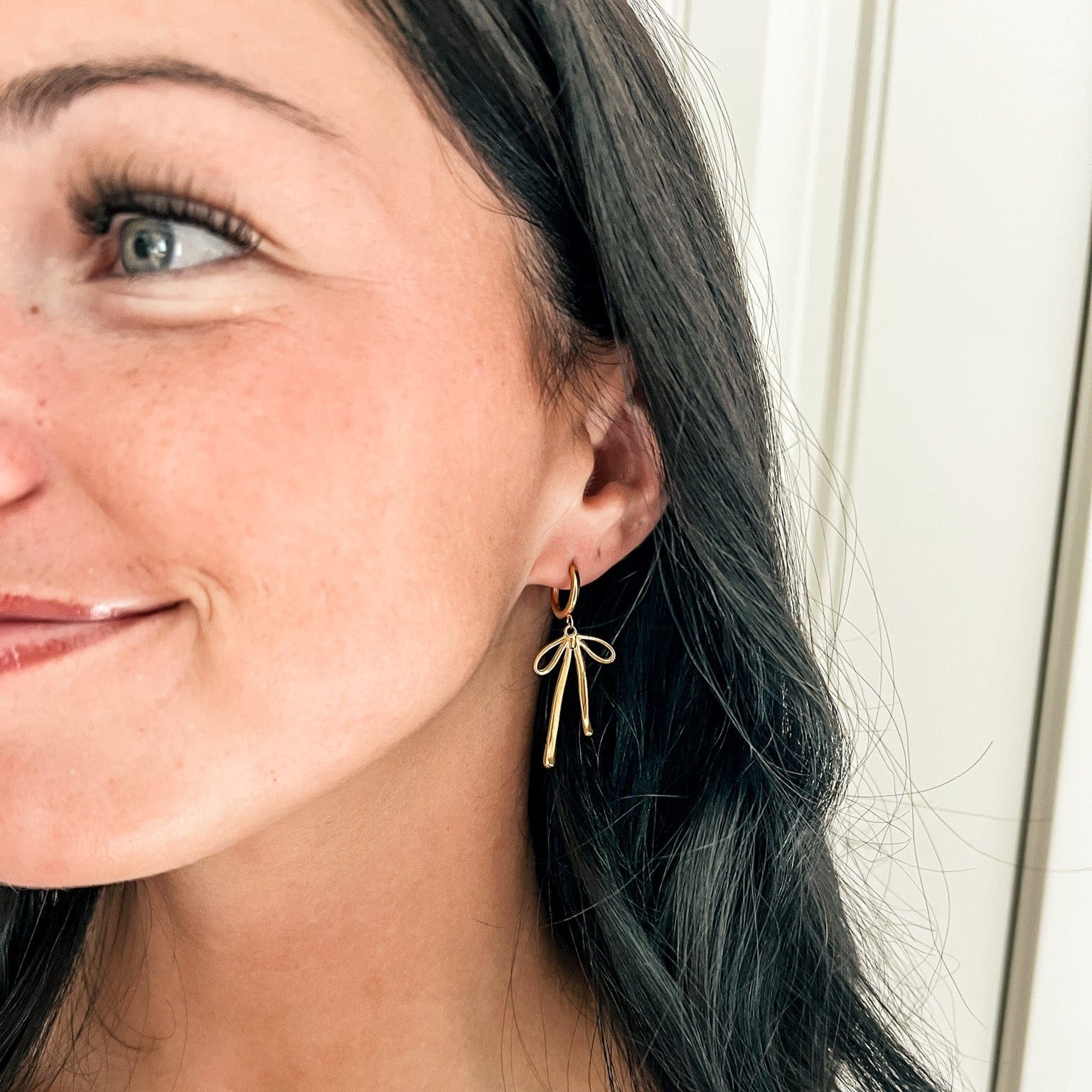 FIONA GRACE Earrings Bow Dangle 18k Gold Huggies Lightweight & Flirty