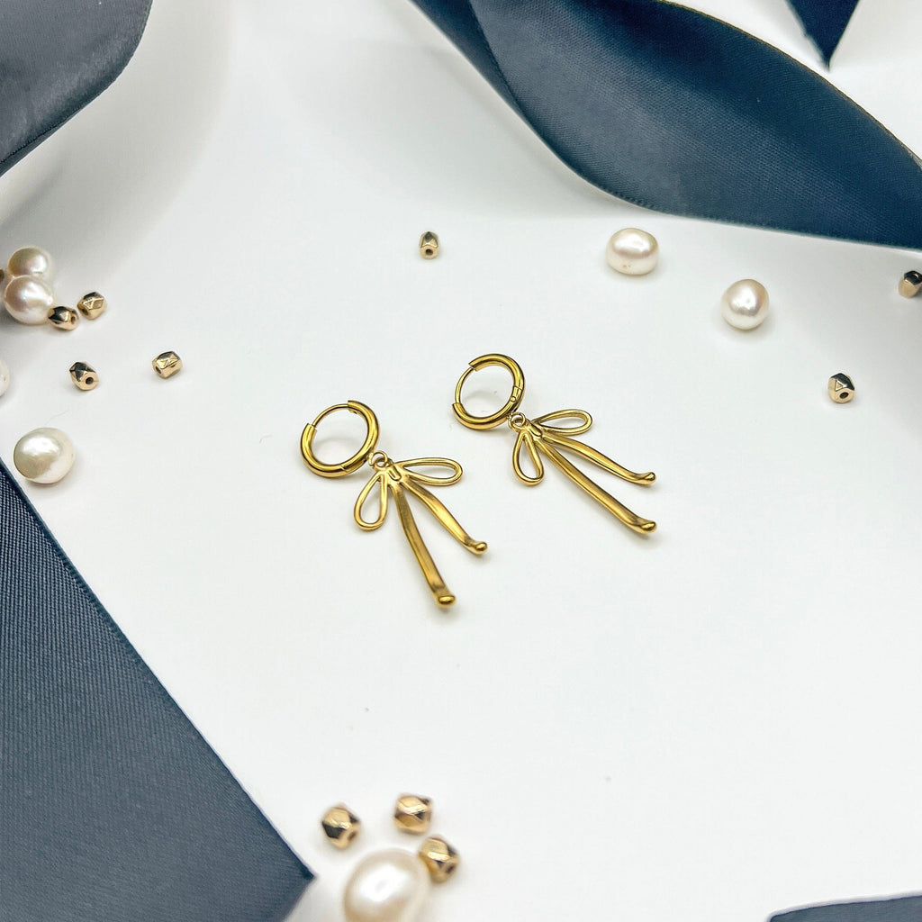 FIONA GRACE Earrings Bow Dangle 18k Gold Huggies Lightweight & Flirty