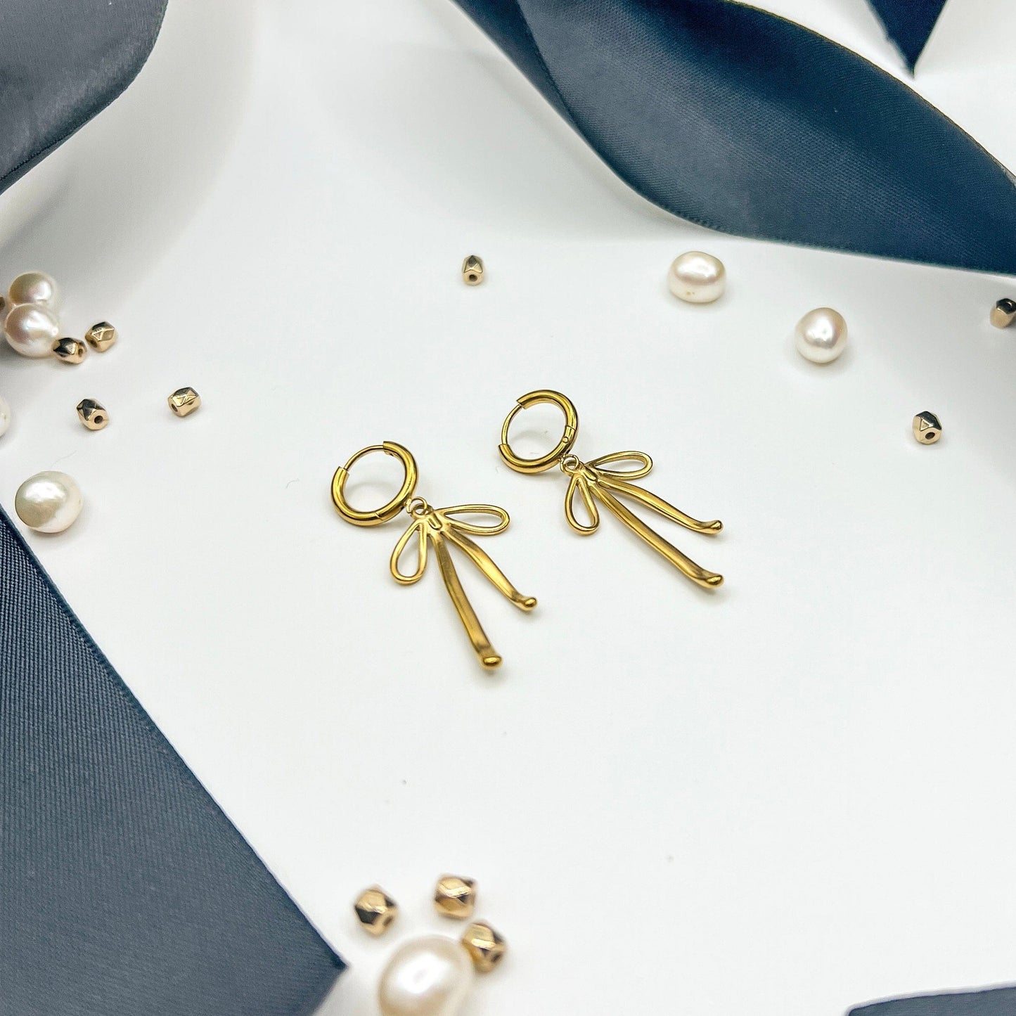 FIONA GRACE Earrings Bow Dangle 18k Gold Huggies Lightweight & Flirty