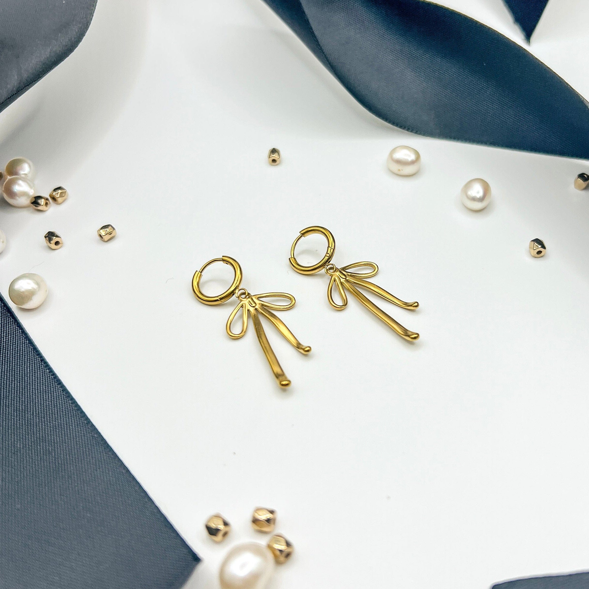 FIONA GRACE Earrings Bow Dangle 18k Gold Huggies Lightweight & Flirty