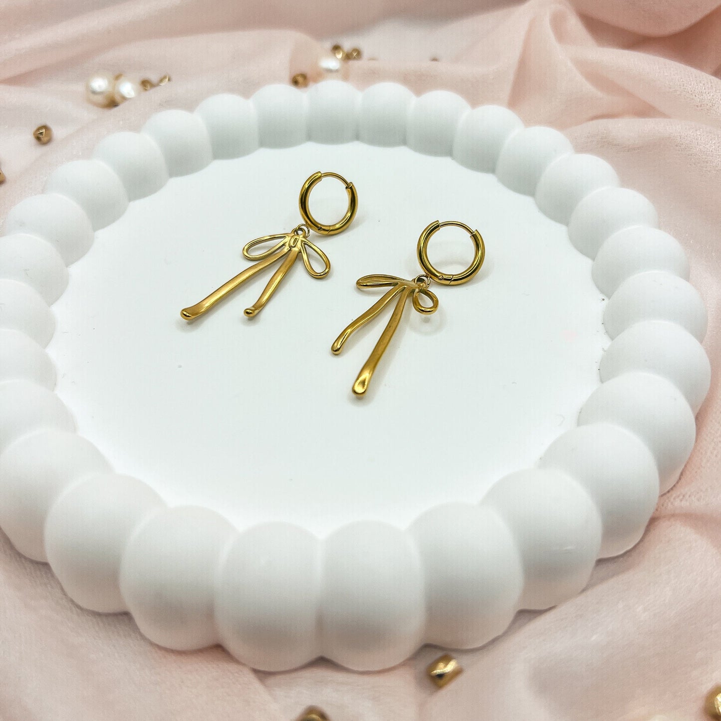 FIONA GRACE Earrings Bow Dangle 18k Gold Huggies Lightweight & Flirty