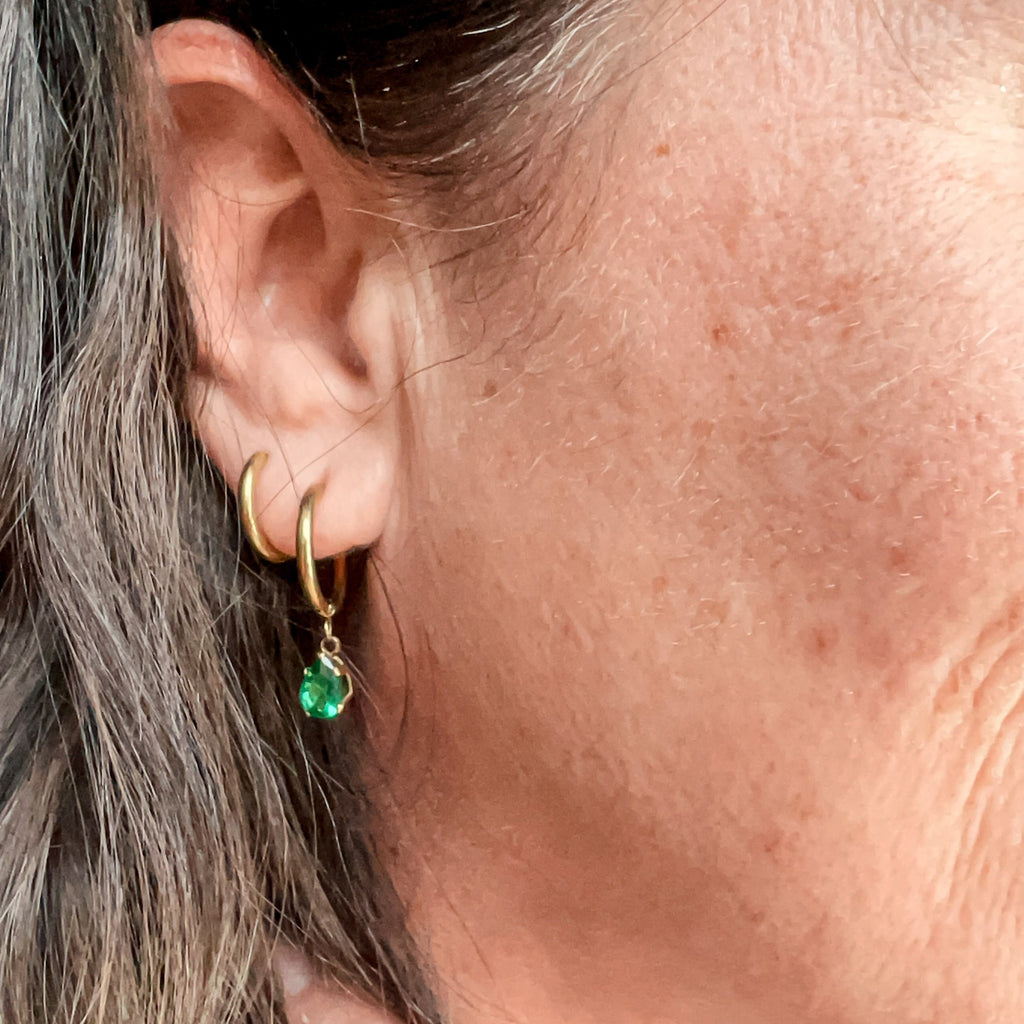 FIONA GRACE Earrings Emerald Green CZ Drop 18k Gold Huggies
