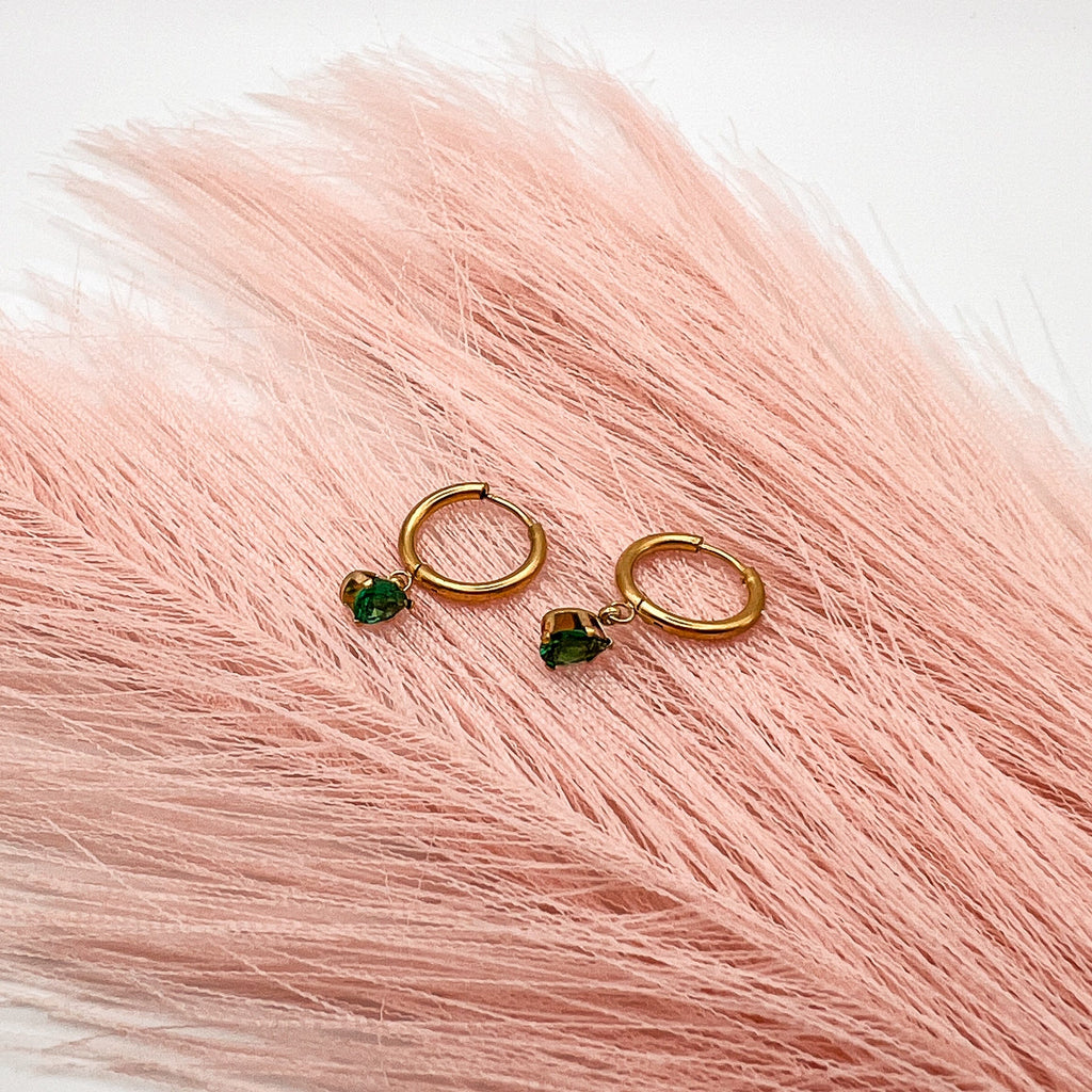 FIONA GRACE Earrings Emerald Green CZ Drop 18k Gold Huggies