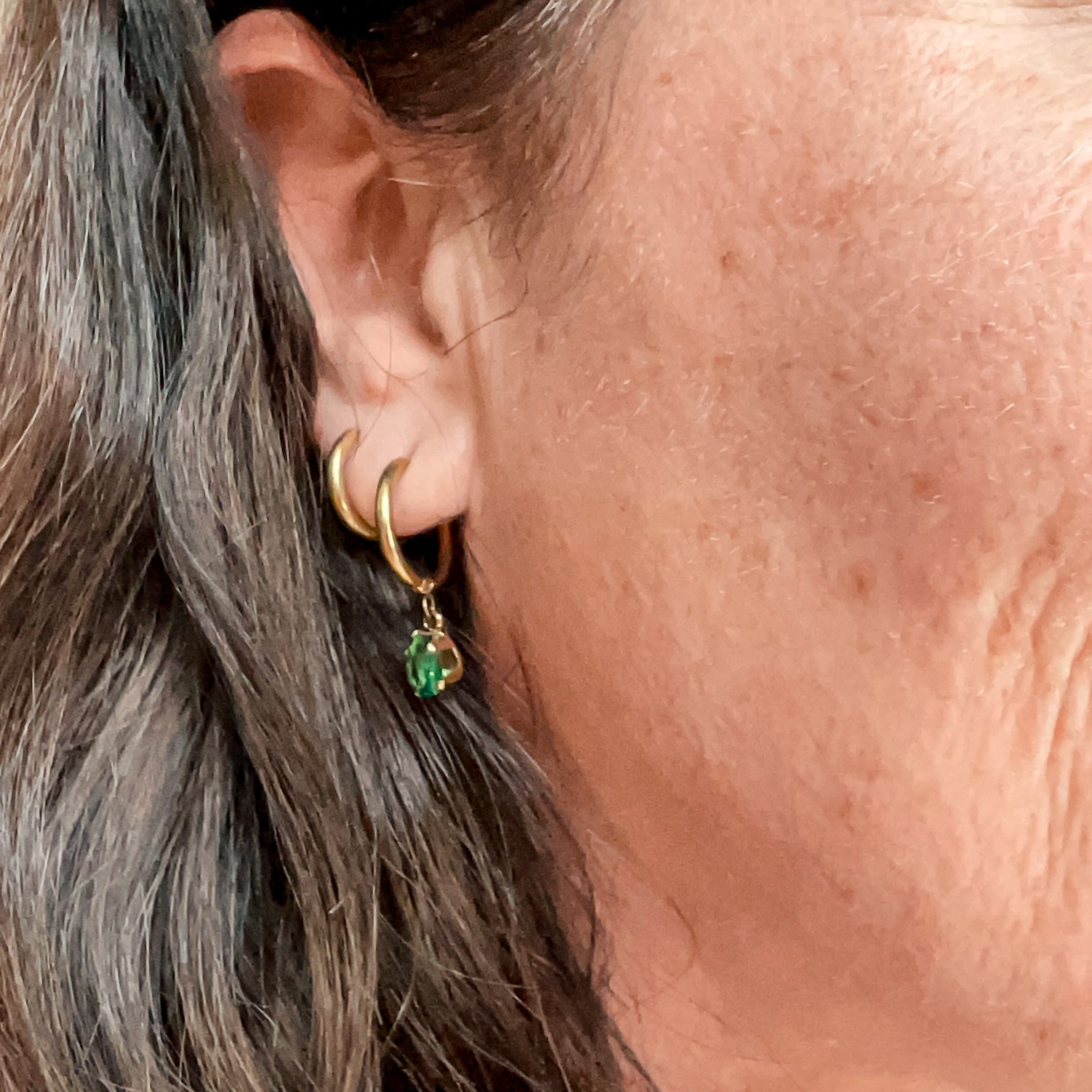 FIONA GRACE Earrings Emerald Green CZ Drop 18k Gold Huggies