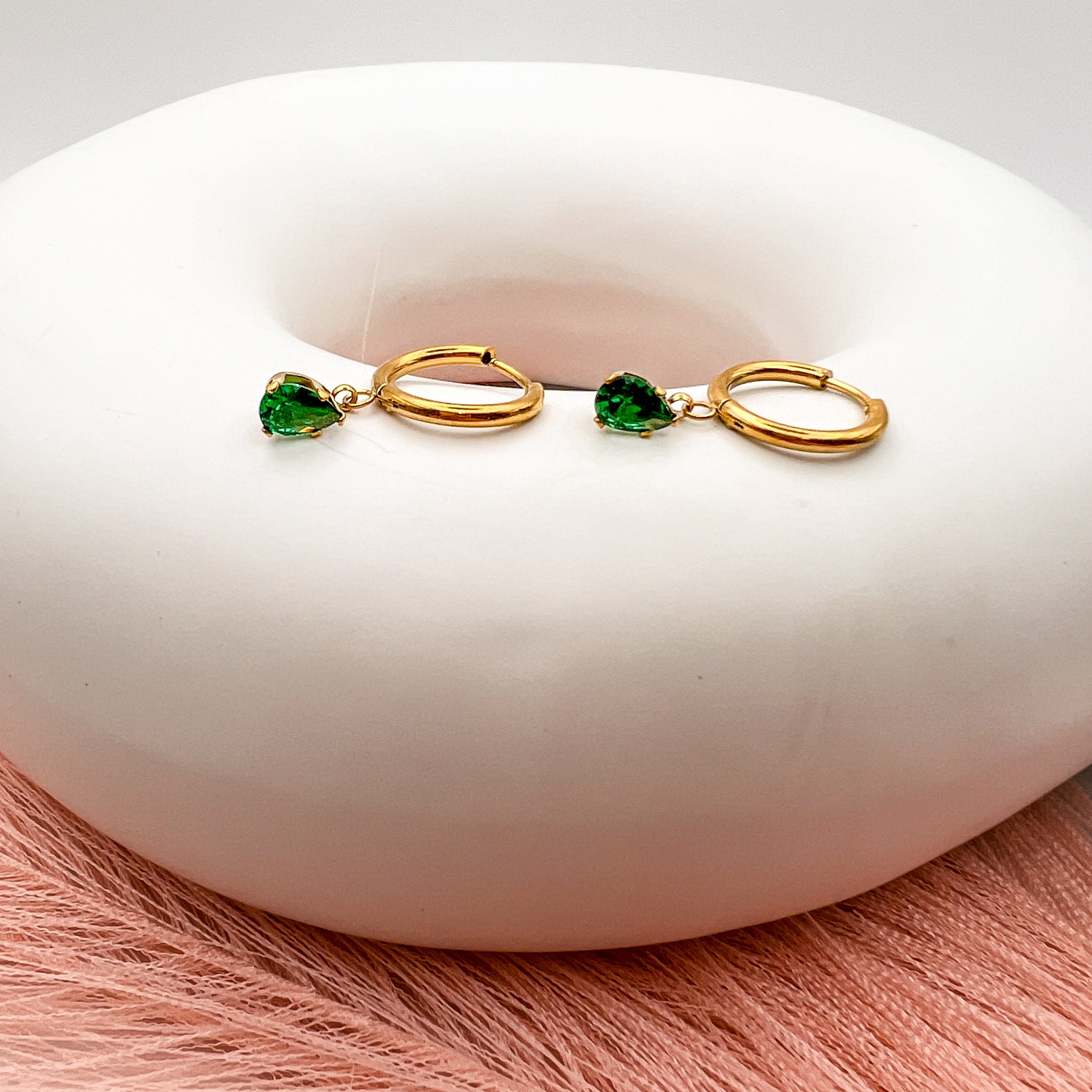 FIONA GRACE Earrings Emerald Green CZ Drop 18k Gold Huggies