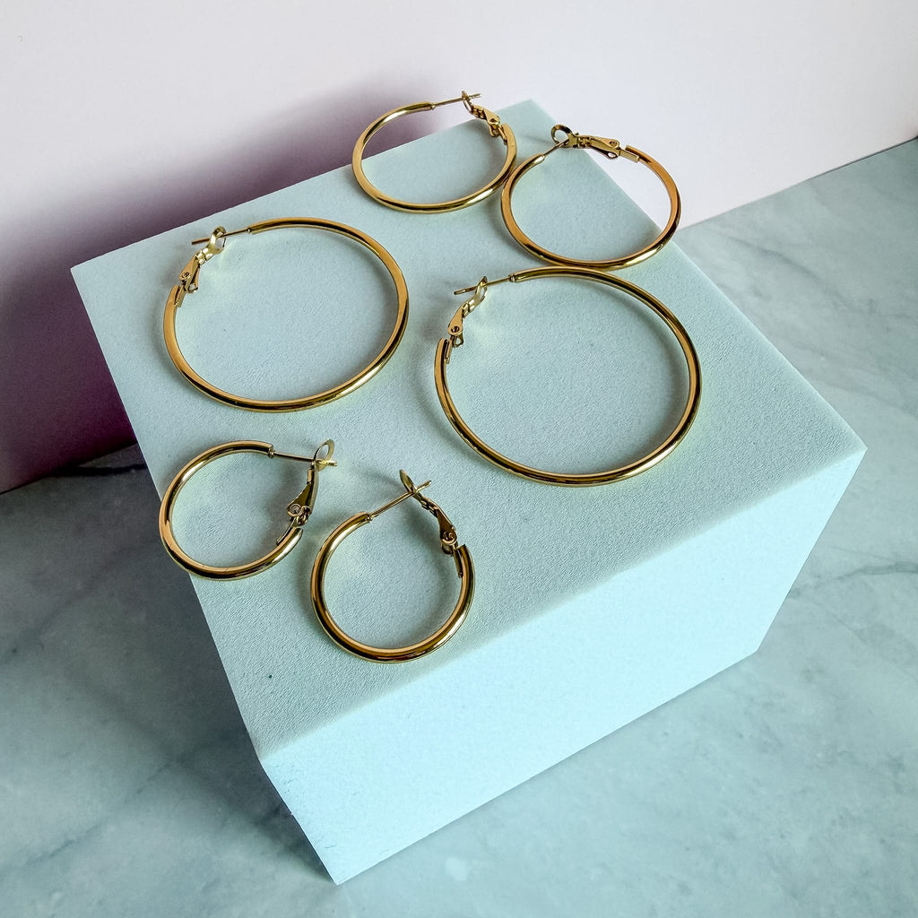FIONA GRACE Earrings Gold Hoop Earring Set • 3 Pairs Stacked 18K Gold Tarnish Free Waterproof Hoops