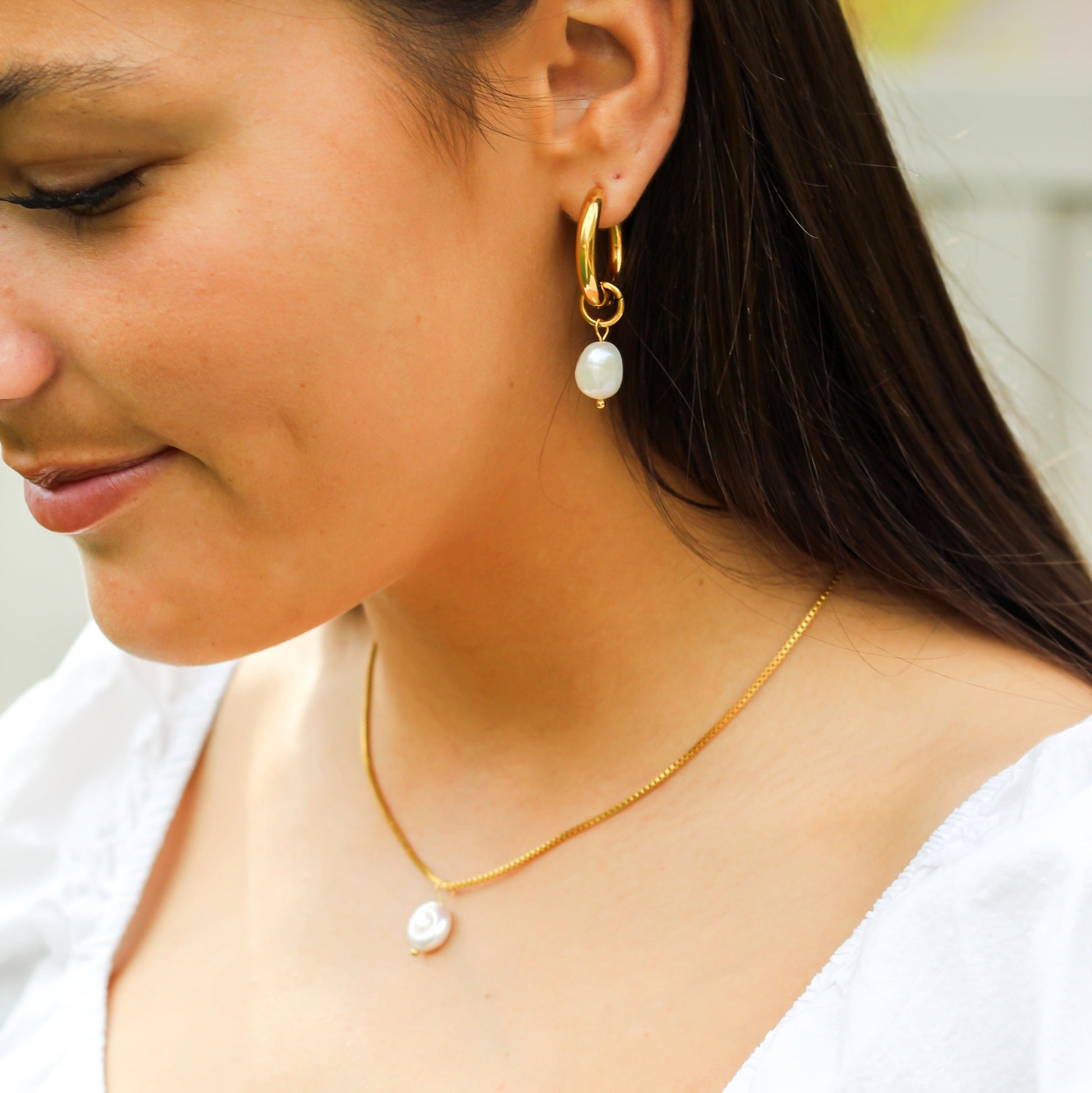 FIONA GRACE Earrings Gold Hoops With Hanging Pearl Huggies 2 In 1 Earrings- Waterproof