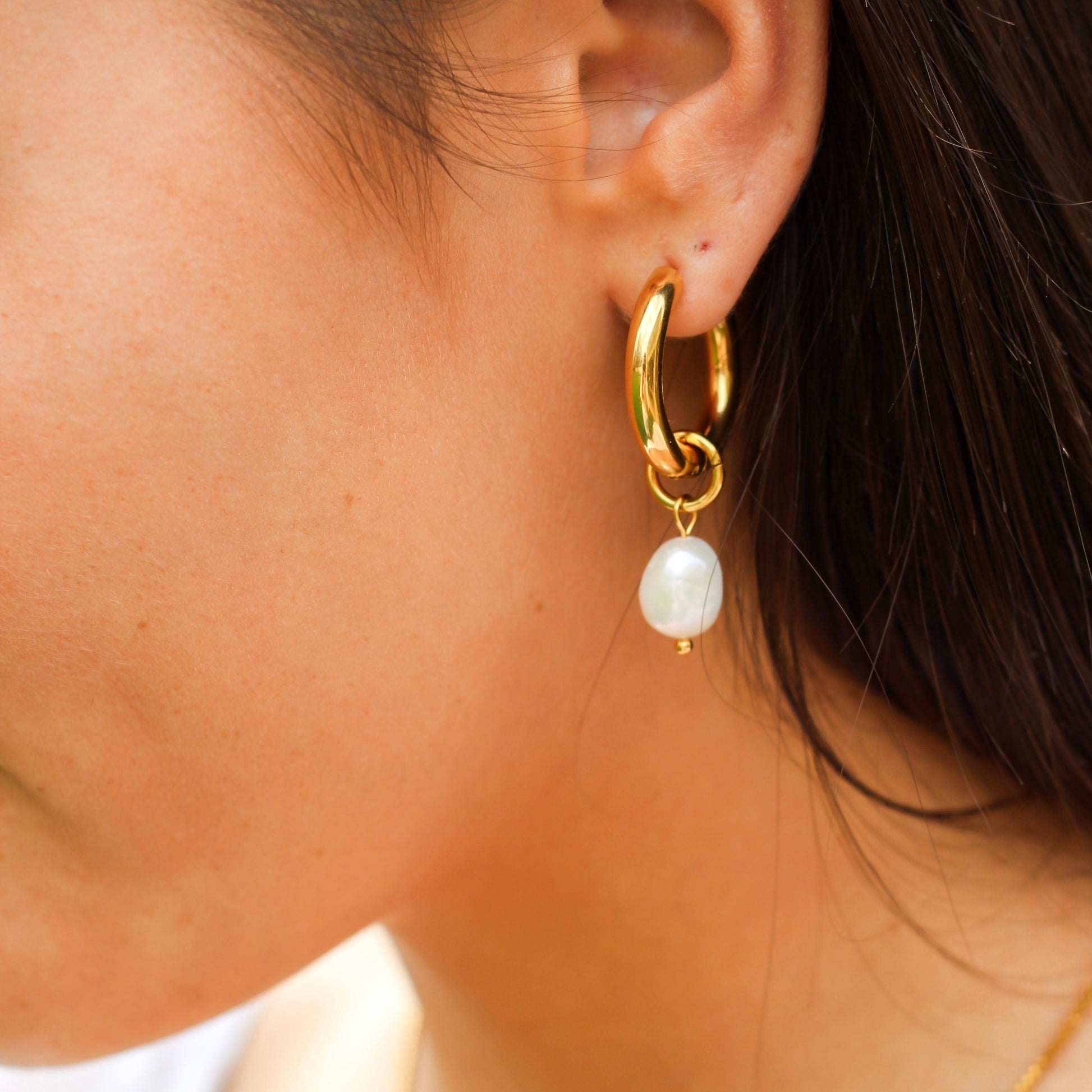 FIONA GRACE Earrings Gold Hoops With Hanging Pearl Huggies 2 In 1 Earrings- Waterproof