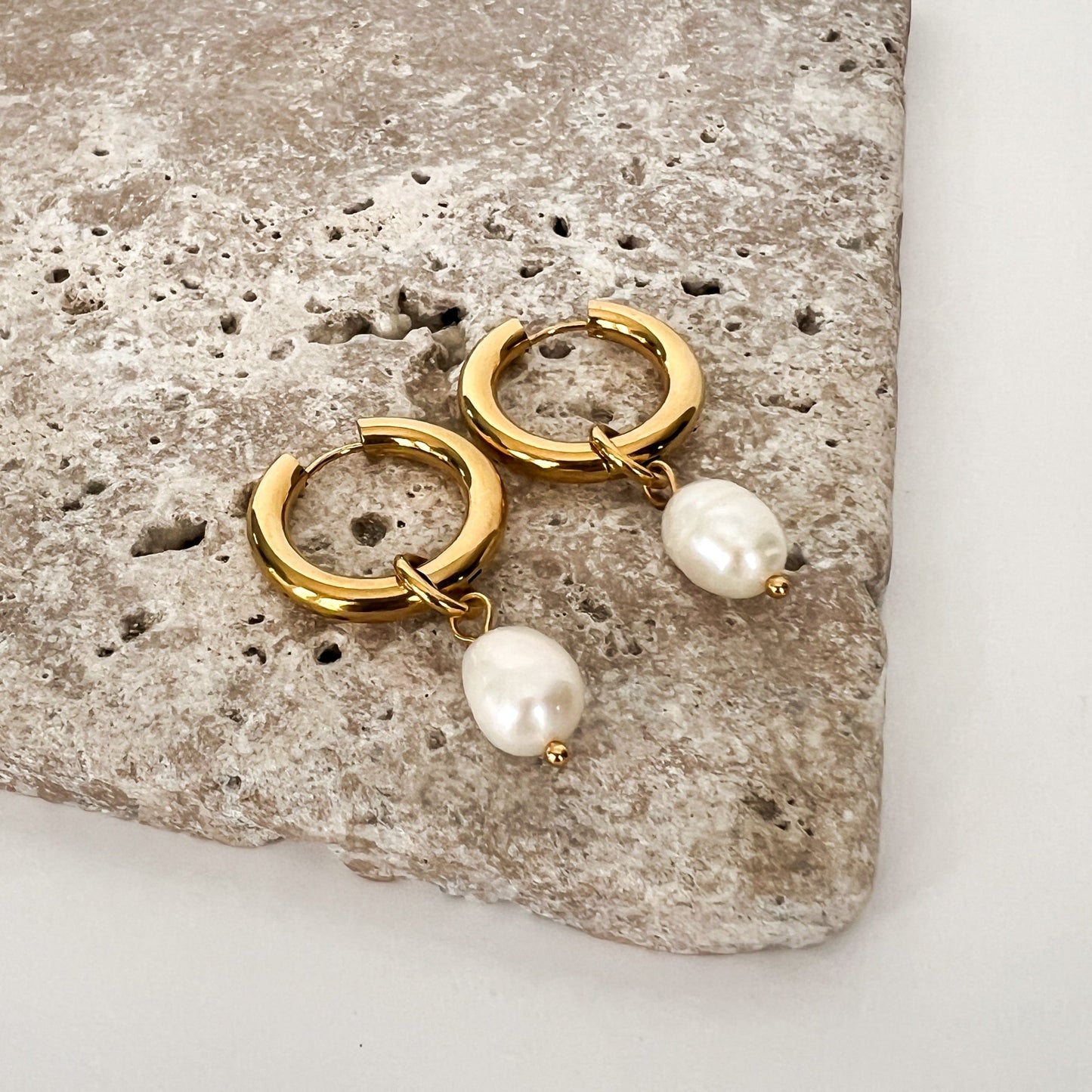 FIONA GRACE Earrings Gold Hoops With Hanging Pearl Huggies 2 In 1 Earrings- Waterproof