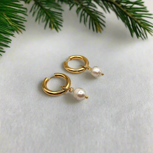 FIONA GRACE Earrings Gold Hoops With Hanging Pearl Huggies 2 In 1 Earrings- Waterproof