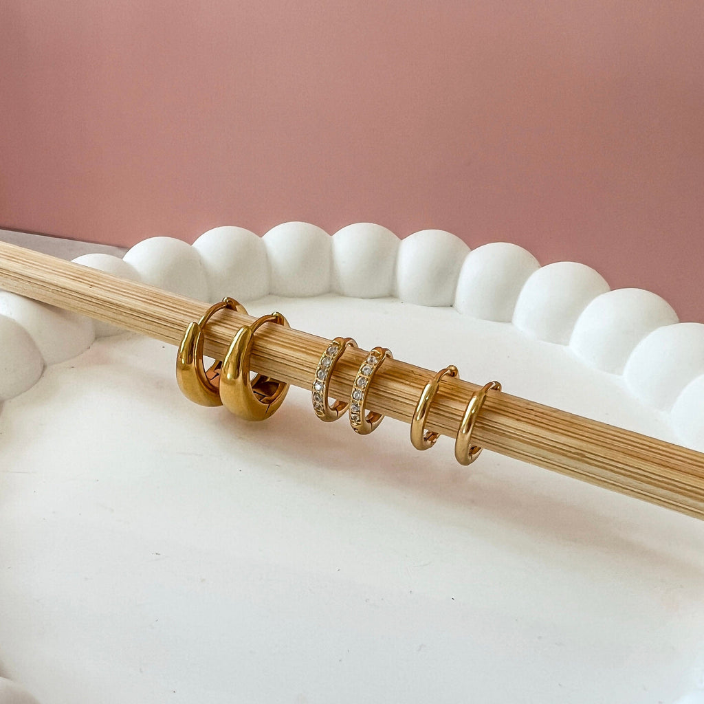 FIONA GRACE Earrings Trio Huggie Stack Set — 3 Pairs, Endless Ways to Wear | Waterproof Gold Huggies
