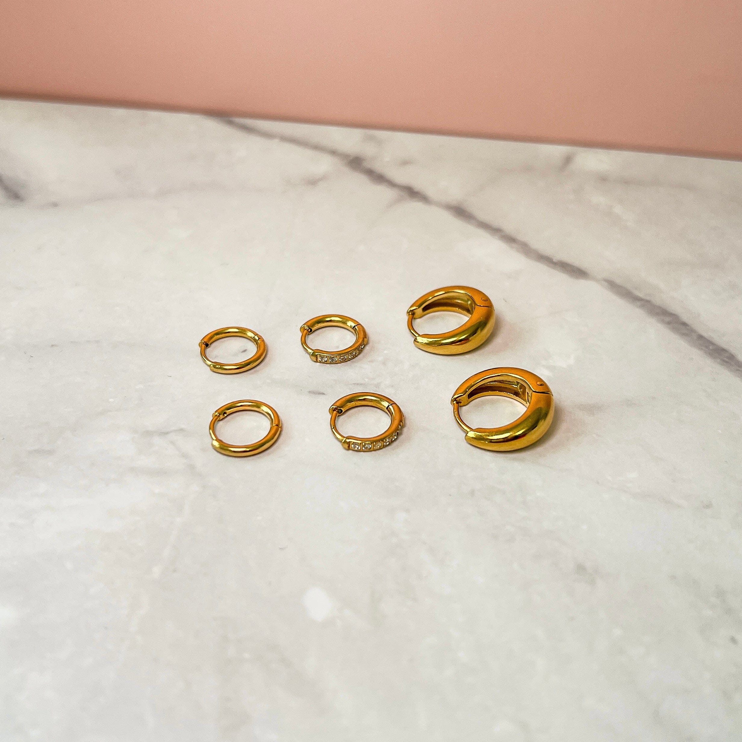 FIONA GRACE Earrings Trio Huggie Stack Set — 3 Pairs, Endless Ways to Wear | Waterproof Gold Huggies