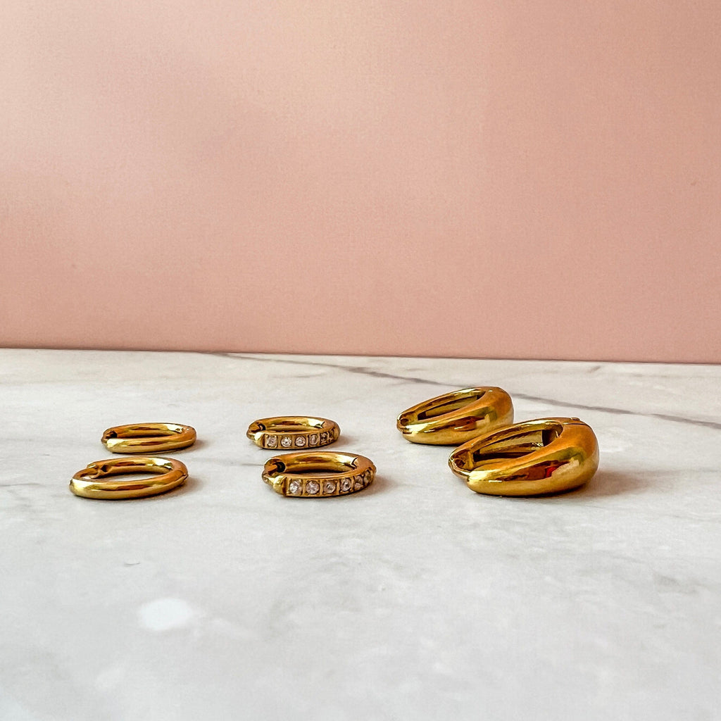 FIONA GRACE Earrings Trio Huggie Stack Set — 3 Pairs, Endless Ways to Wear | Waterproof Gold Huggies