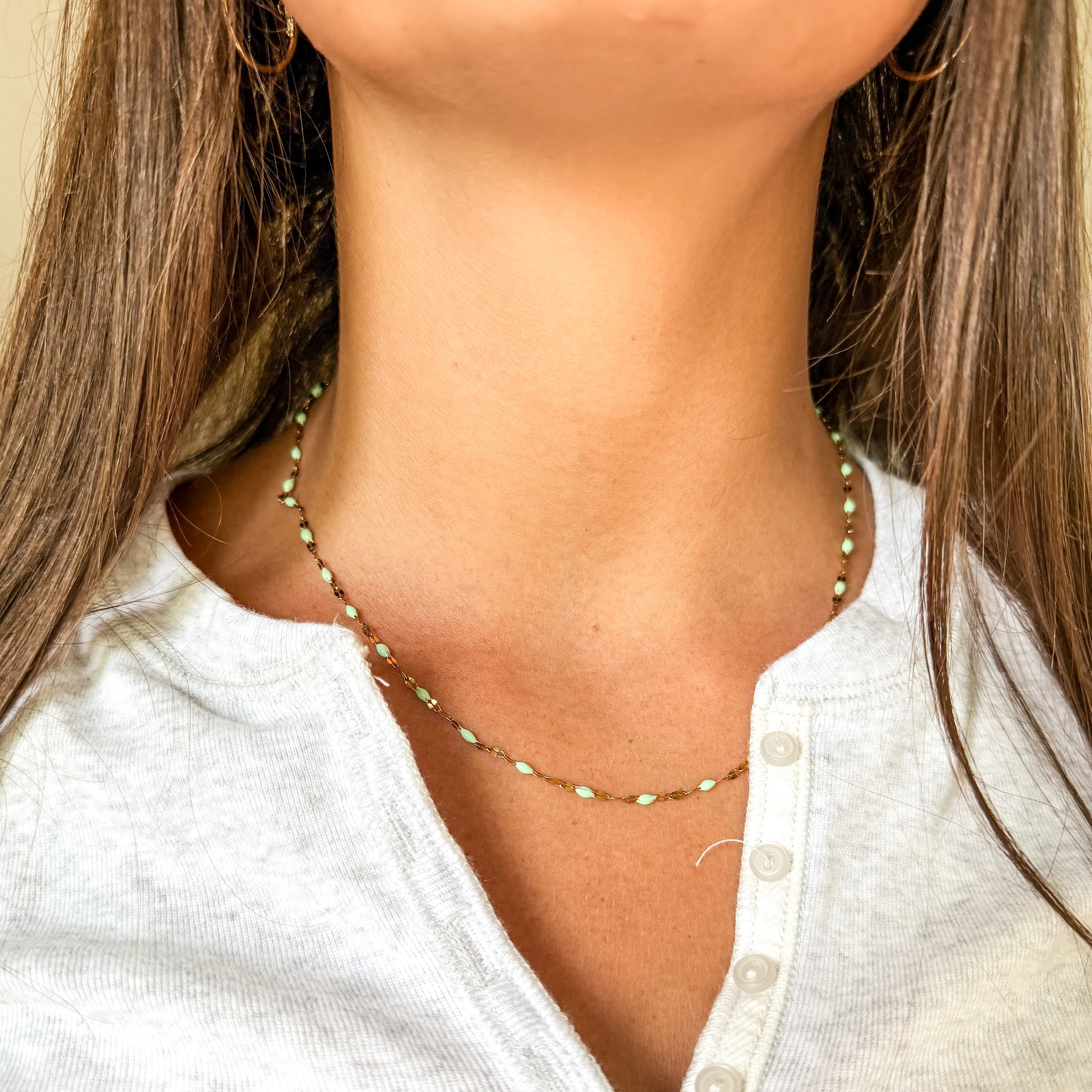 FIONA GRACE Necklaces Mint Green Enamel Bead Necklace • Tarnish Free Water Safe Seafoam Beaded Chain Necklace