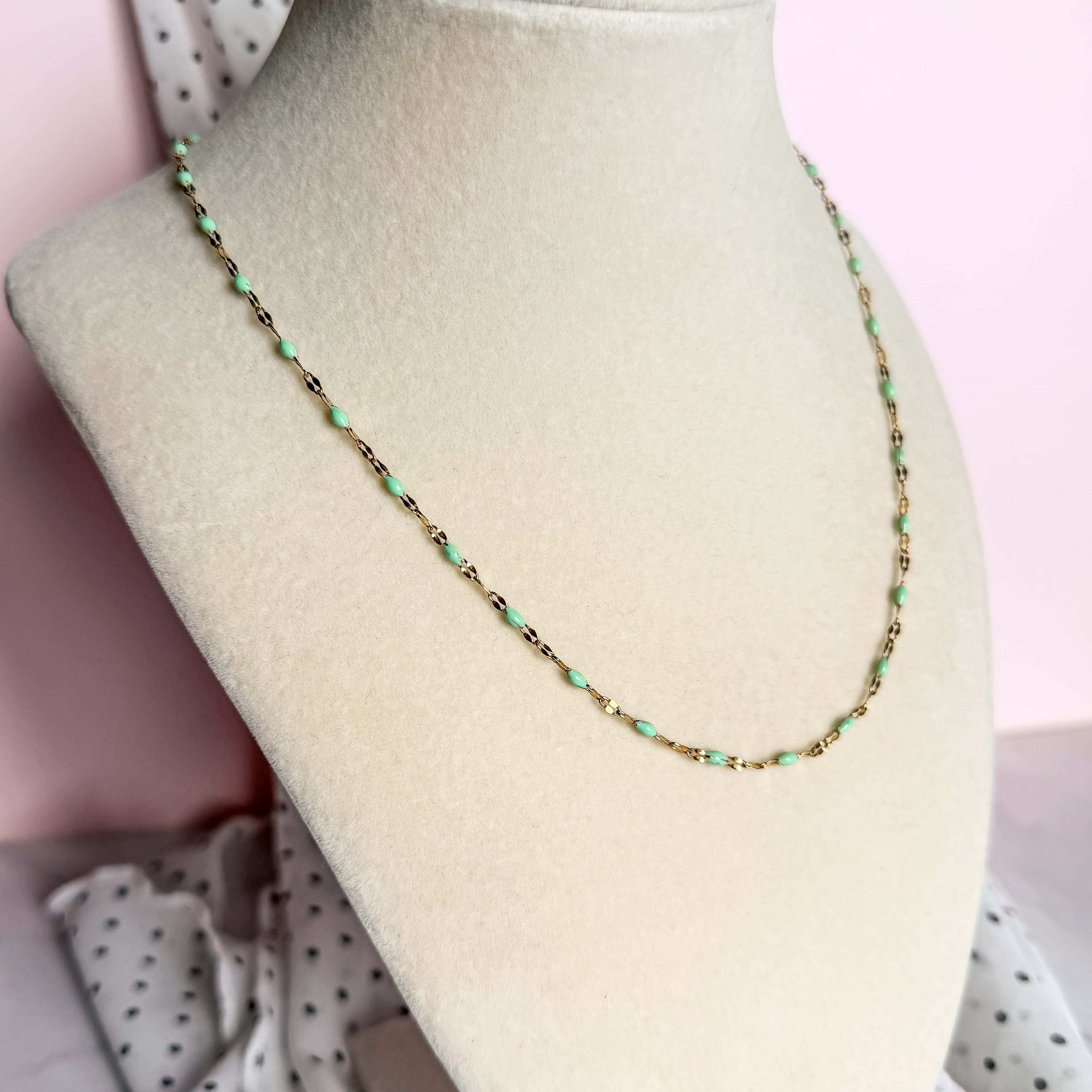 FIONA GRACE Necklaces Mint Green Enamel Bead Necklace • Tarnish Free Water Safe Seafoam Beaded Chain Necklace