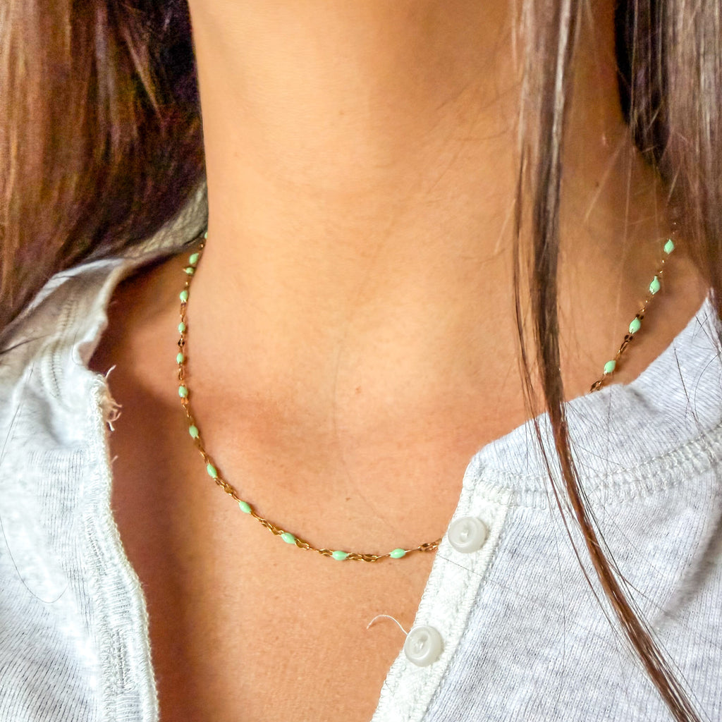 FIONA GRACE Necklaces Mint Green Enamel Bead Necklace • Tarnish Free Water Safe Seafoam Beaded Chain Necklace