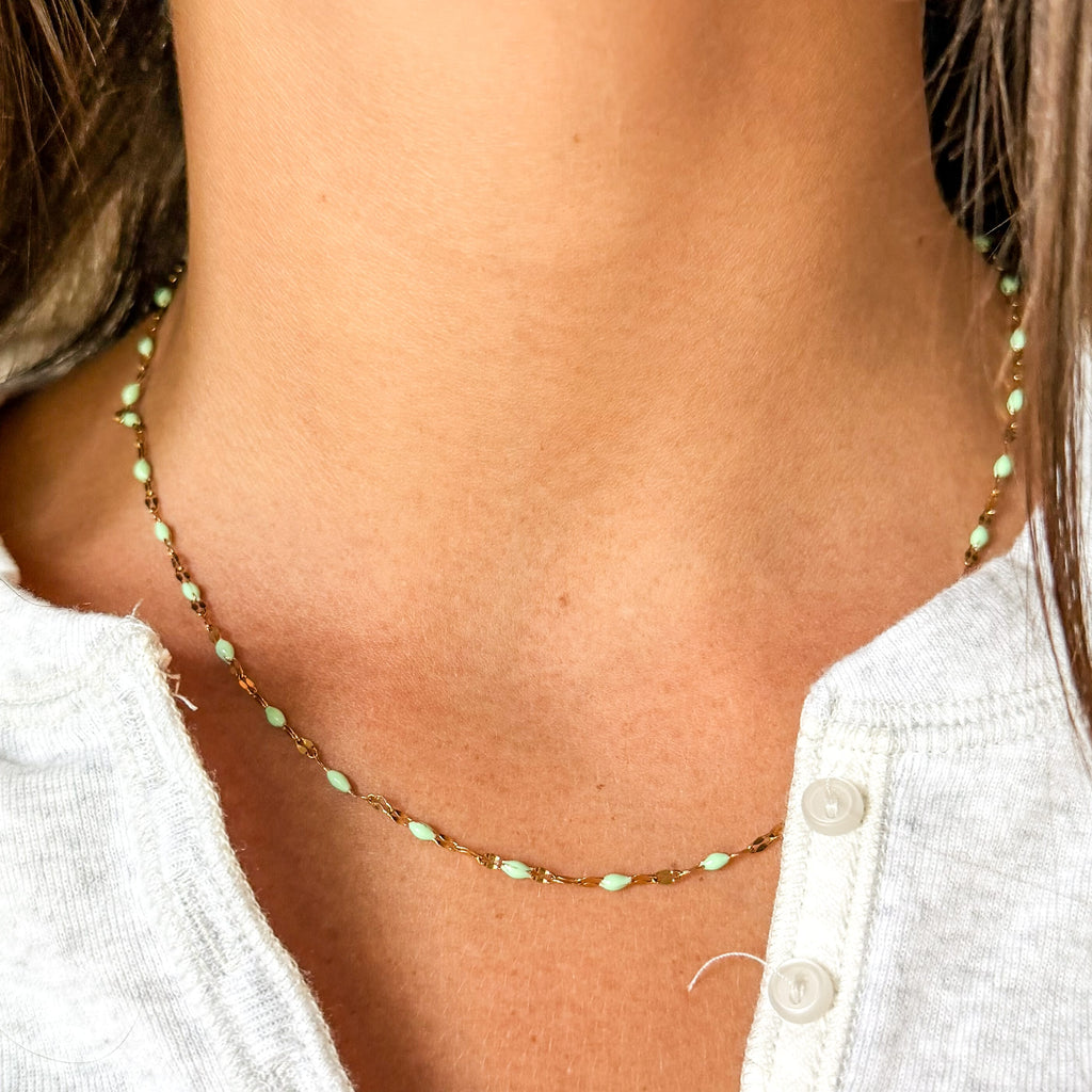 FIONA GRACE Necklaces Mint Green Enamel Bead Necklace • Tarnish Free Water Safe Seafoam Beaded Chain Necklace