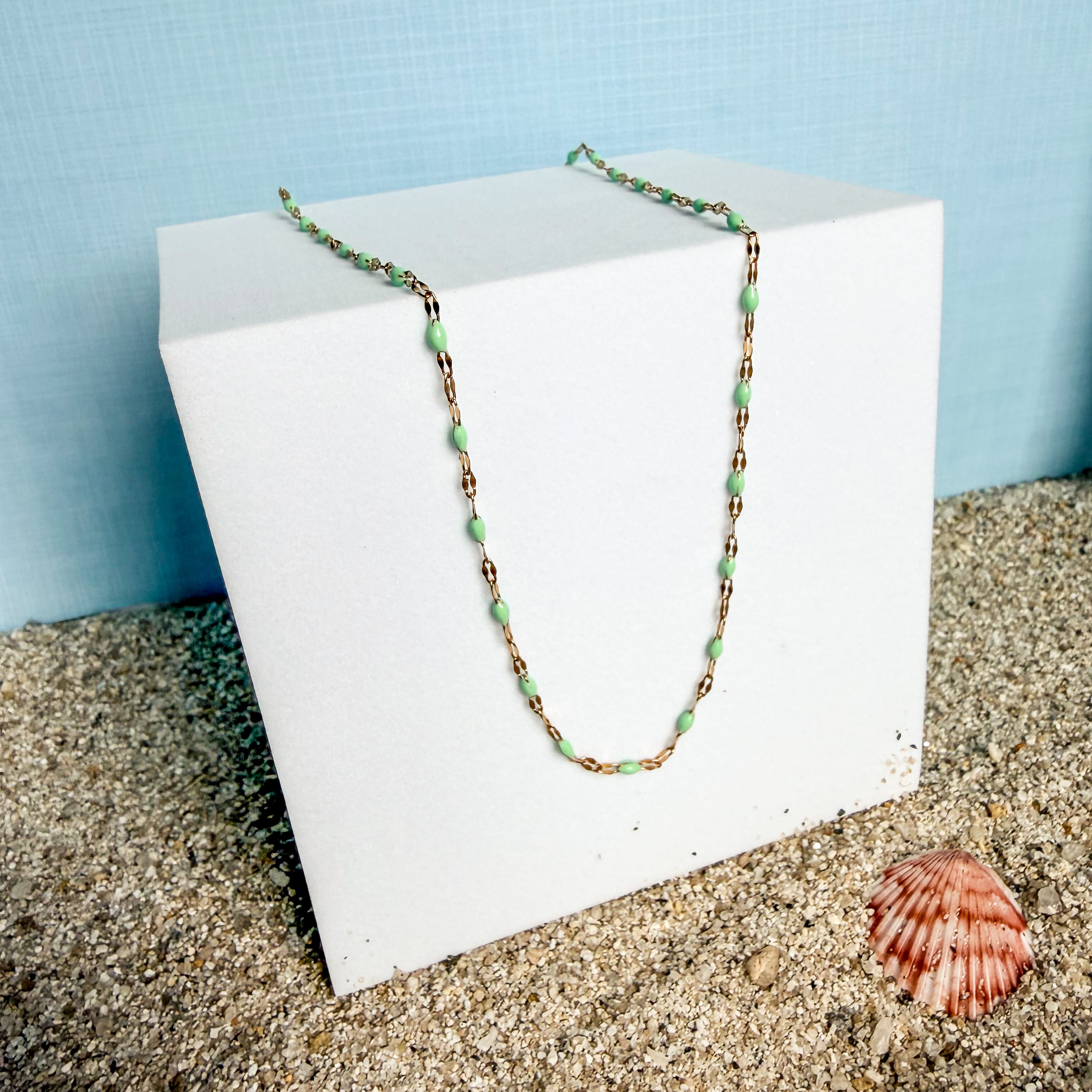 FIONA GRACE Necklaces Mint Green Enamel Bead Necklace • Tarnish Free Water Safe Seafoam Beaded Chain Necklace