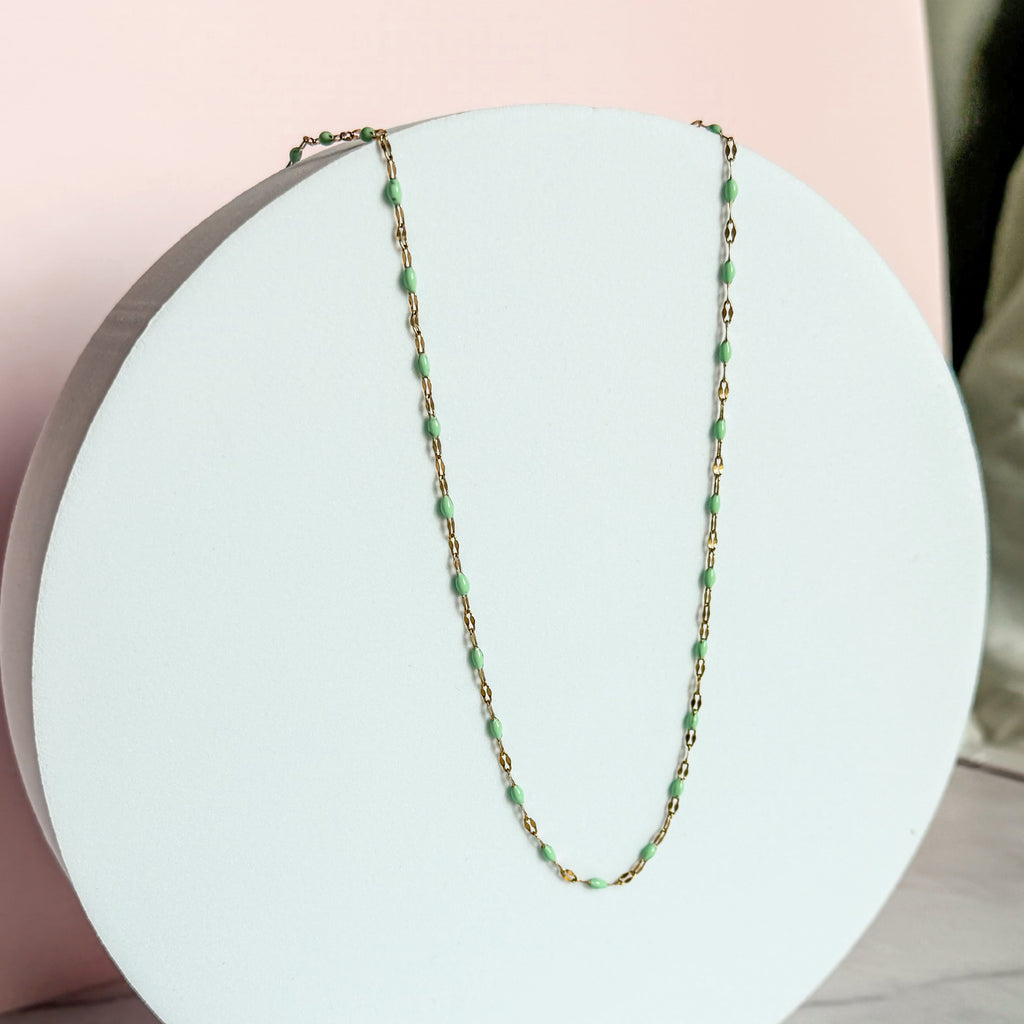 FIONA GRACE Necklaces Mint Green Enamel Bead Necklace • Tarnish Free Water Safe Seafoam Beaded Chain Necklace