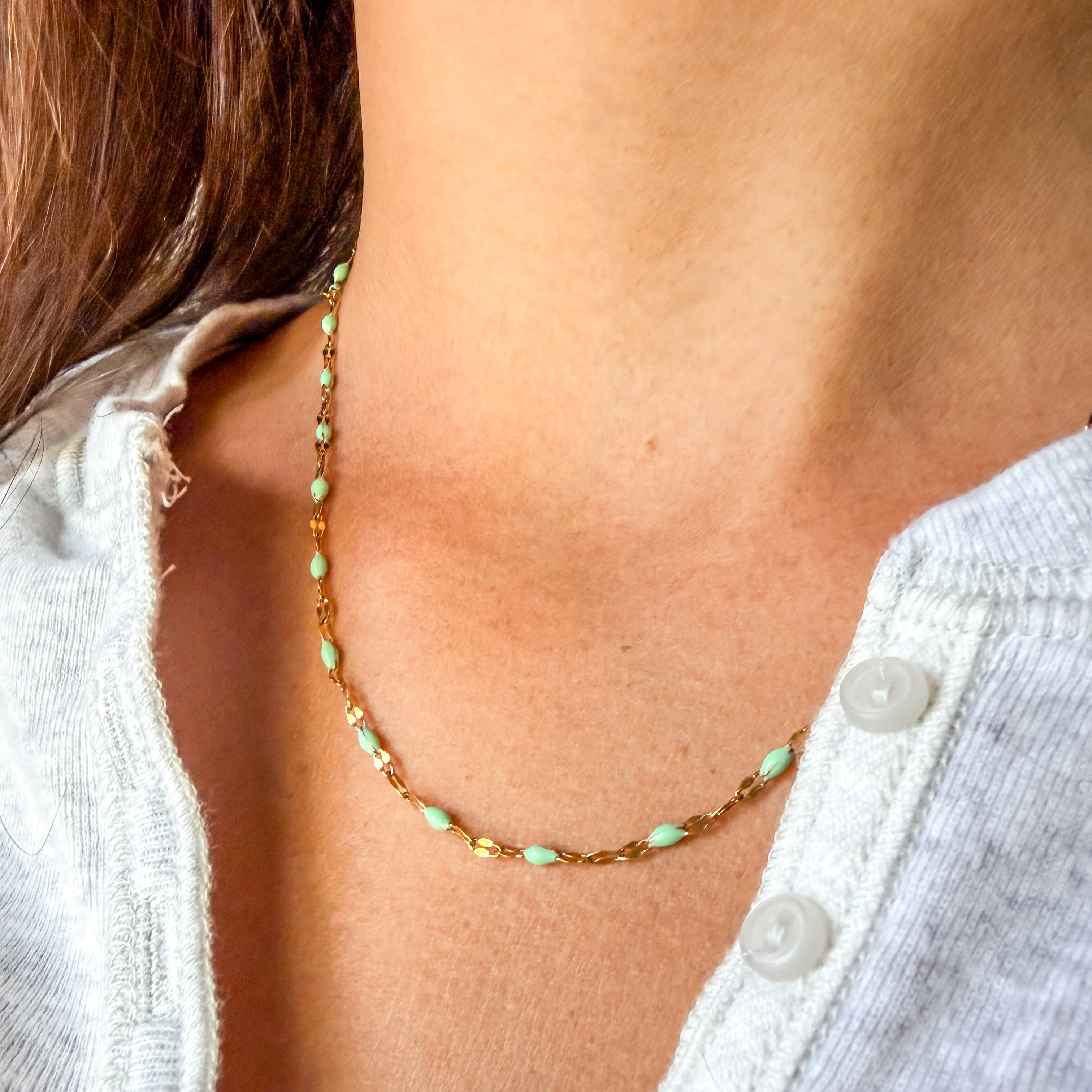 FIONA GRACE Necklaces Mint Green Enamel Bead Necklace • Tarnish Free Water Safe Seafoam Beaded Chain Necklace