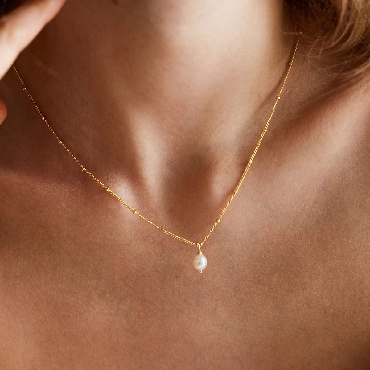 FIONA GRACE Necklaces Pearl Drop Pendant Necklace On Dainty Ball Chain, 18k Gold, Tarnish Free