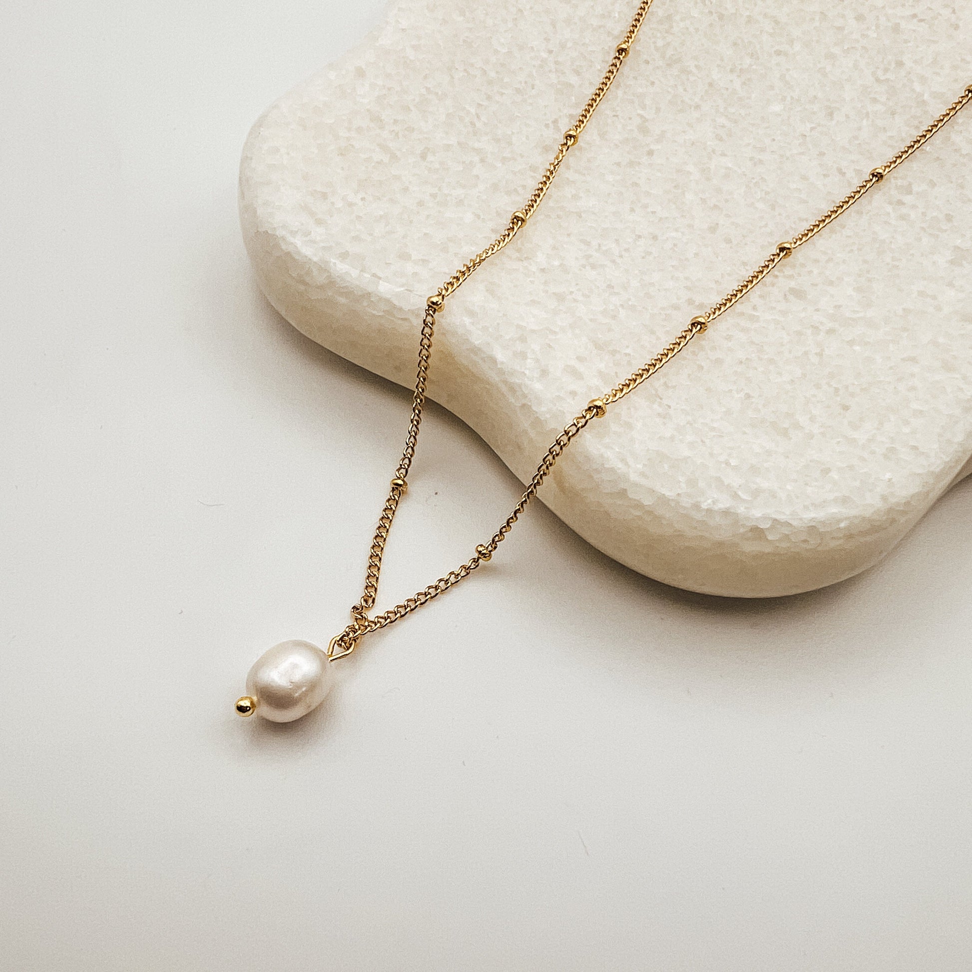 FIONA GRACE Necklaces Pearl Drop Pendant Necklace On Dainty Ball Chain, 18k Gold, Tarnish Free