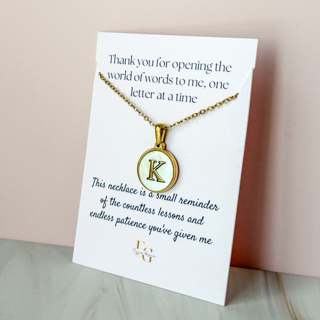 FIONA GRACE Necklaces Personalized Initial Necklace • Gold Mother of Pearl Pendant • Teacher Appreciation Gift -Because some teachers deserve more than a mug.