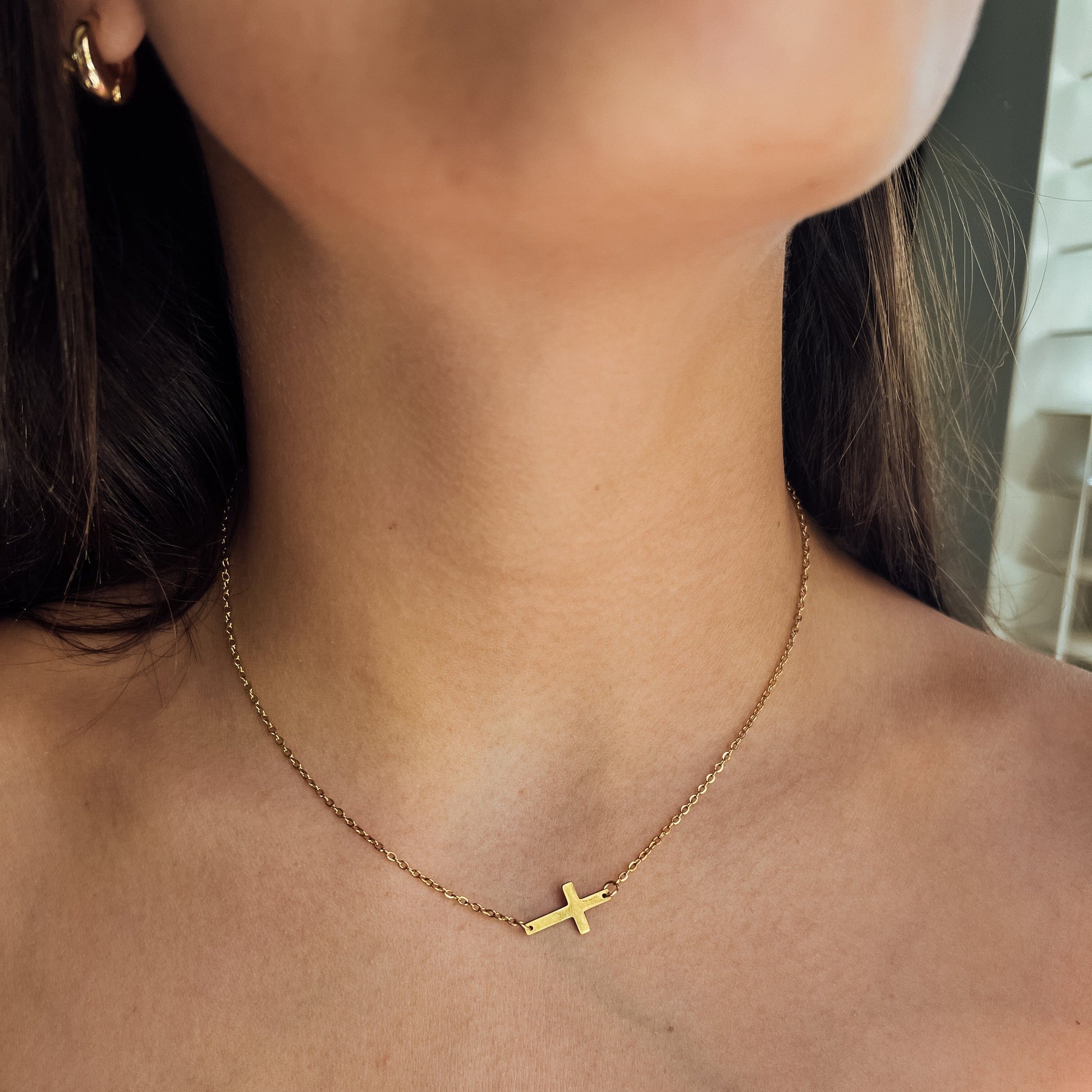 Sideways Cross Necklace in Gold - Main Image