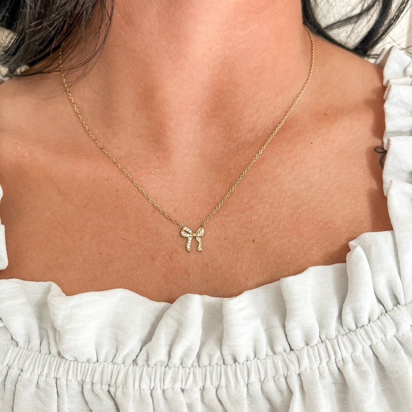 FIONA GRACE Necklaces Small Gold Bow Necklace – Dainty Waterproof Everyday Necklace
