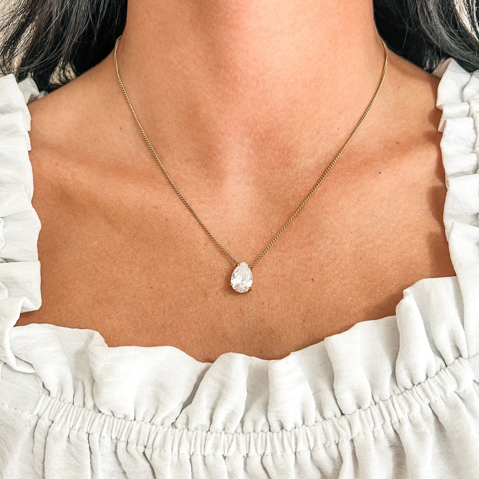 FIONA GRACE Necklaces Teardrop CZ Necklace – Gold Waterproof Solitaire Pendant Necklace