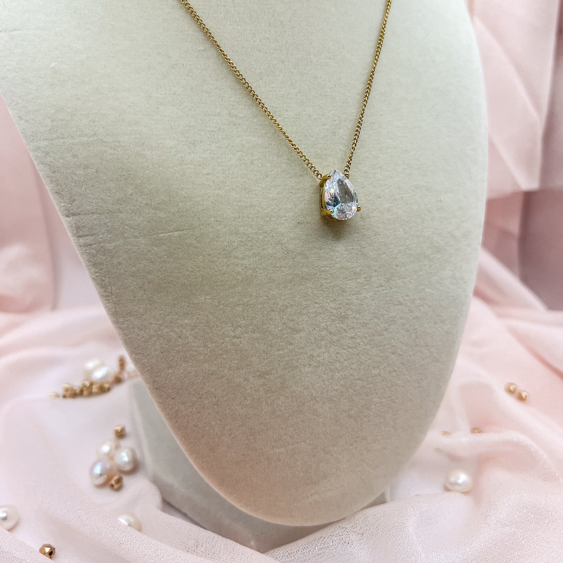 FIONA GRACE Necklaces Teardrop CZ Necklace – Gold Waterproof Solitaire Pendant Necklace