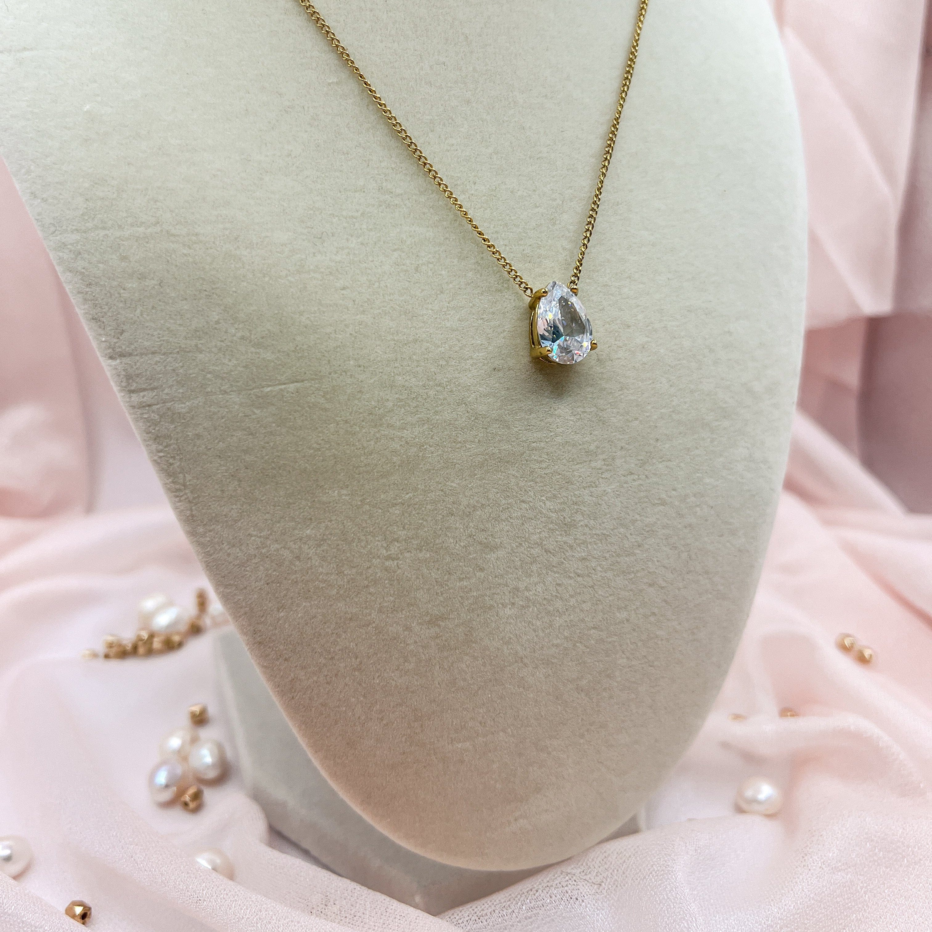 FIONA GRACE Necklaces Teardrop CZ Necklace – Gold Waterproof Solitaire Pendant Necklace