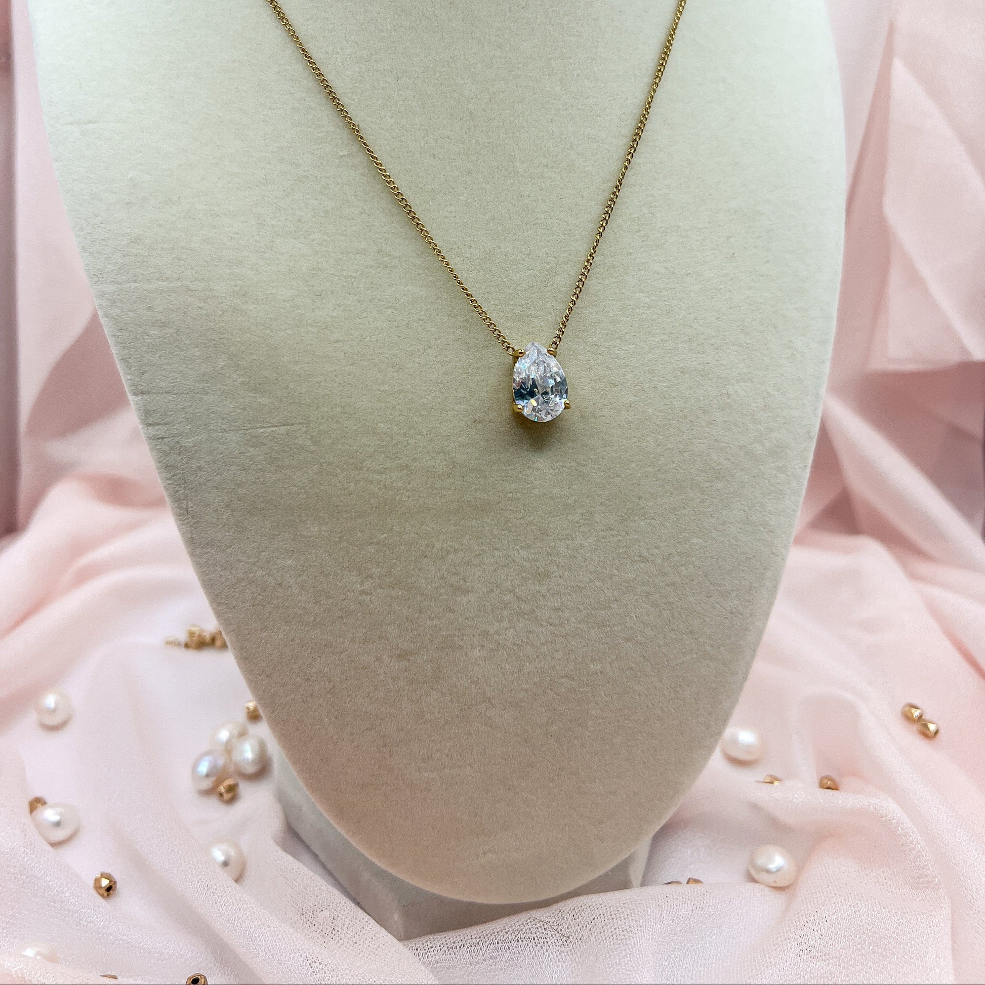 FIONA GRACE Necklaces Teardrop CZ Necklace – Gold Waterproof Solitaire Pendant Necklace