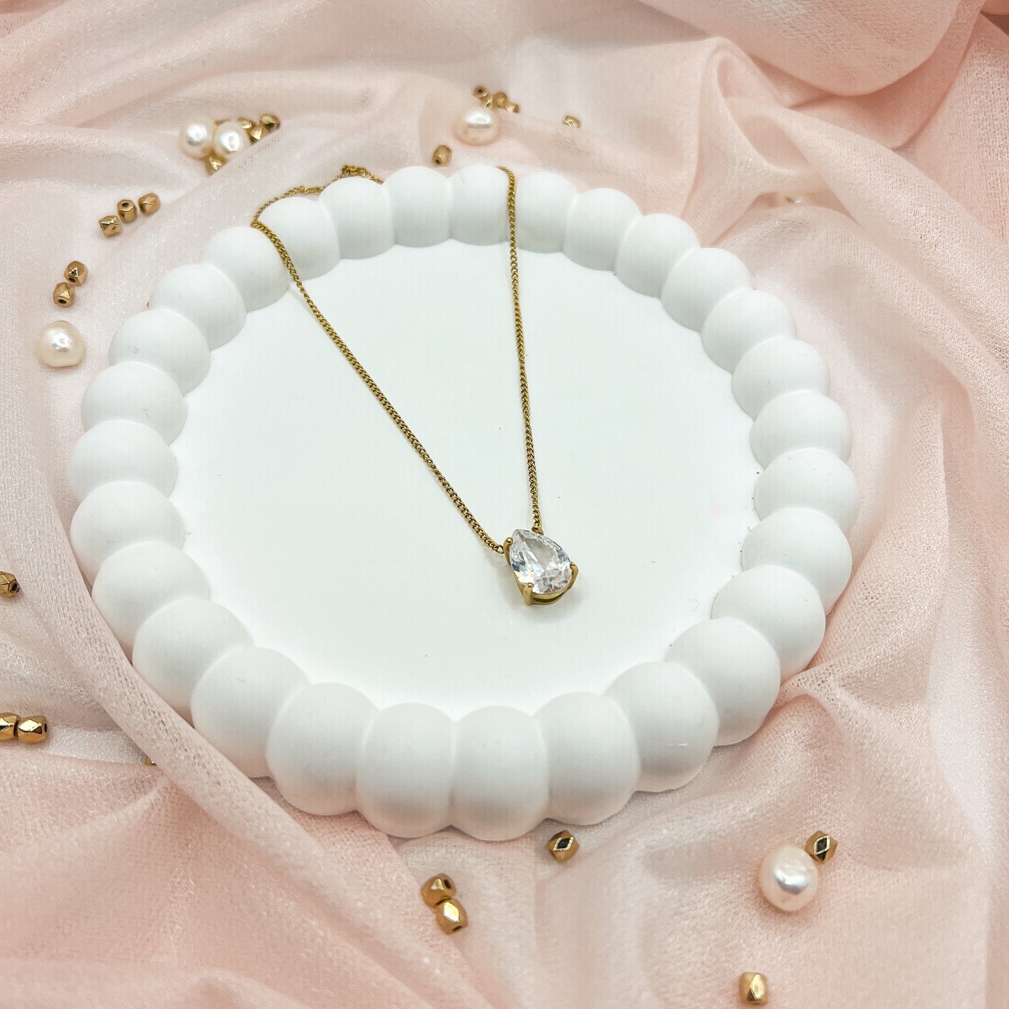 FIONA GRACE Necklaces Teardrop CZ Necklace – Gold Waterproof Solitaire Pendant Necklace