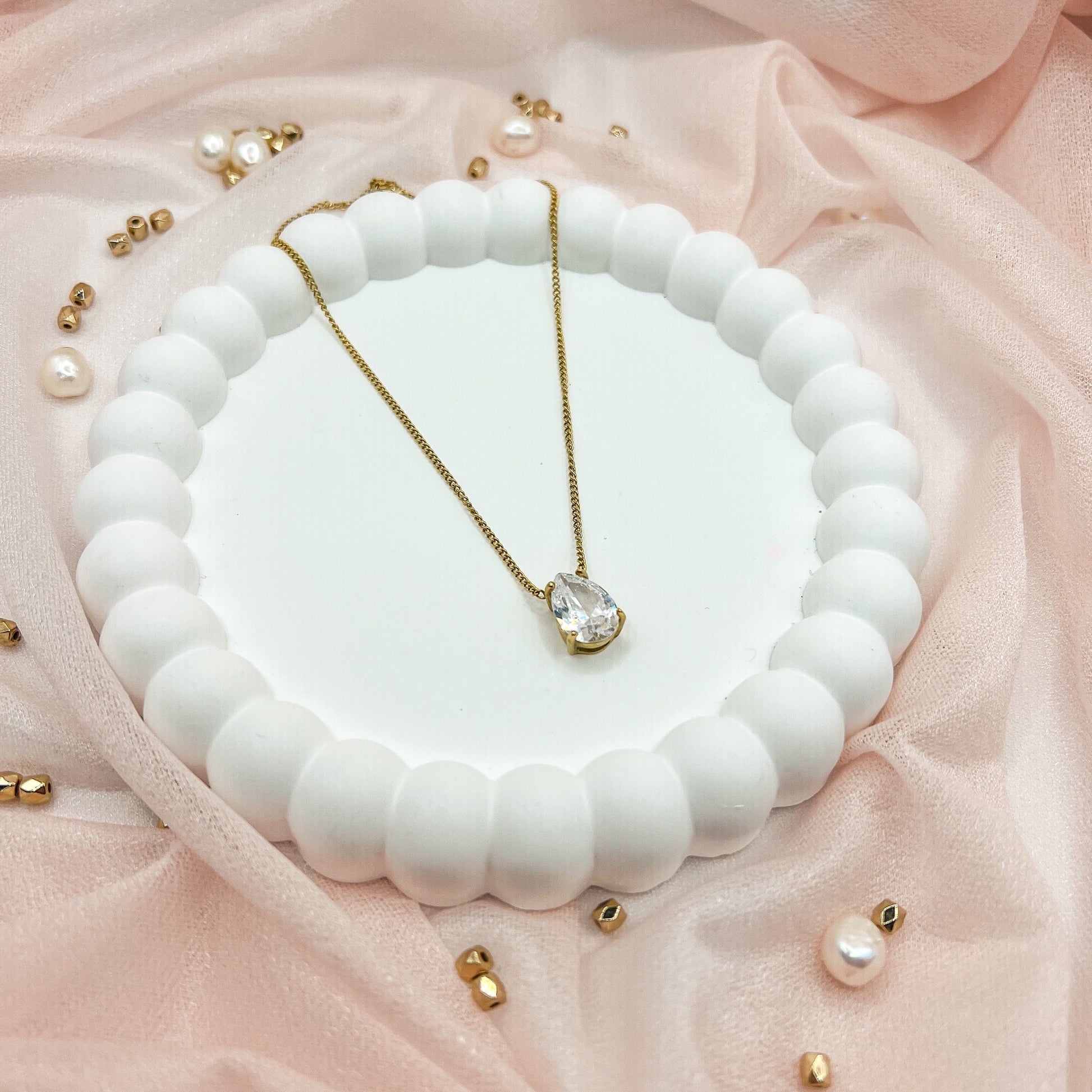 FIONA GRACE Necklaces Teardrop CZ Necklace – Gold Waterproof Solitaire Pendant Necklace