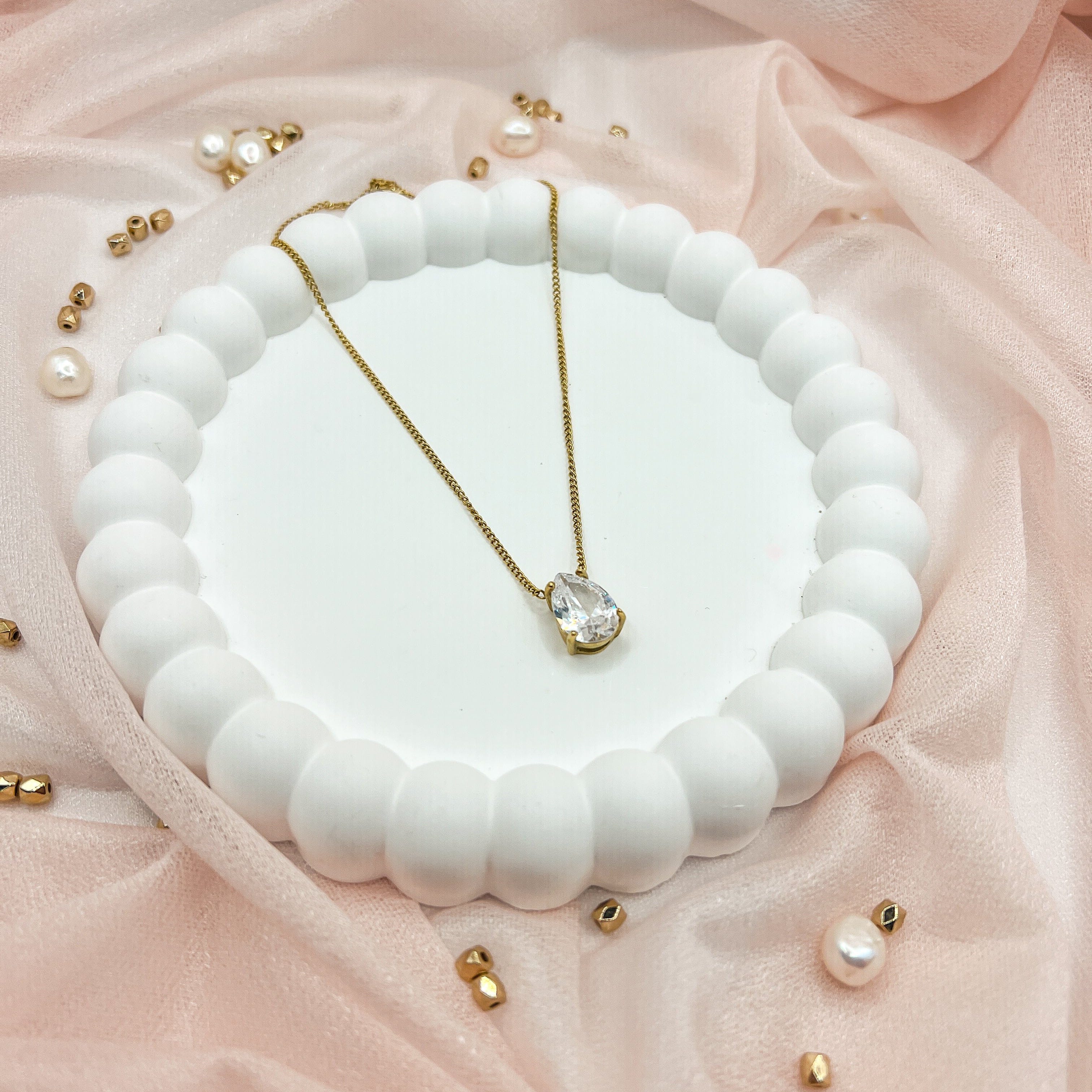 FIONA GRACE Necklaces Teardrop CZ Necklace – Gold Waterproof Solitaire Pendant Necklace